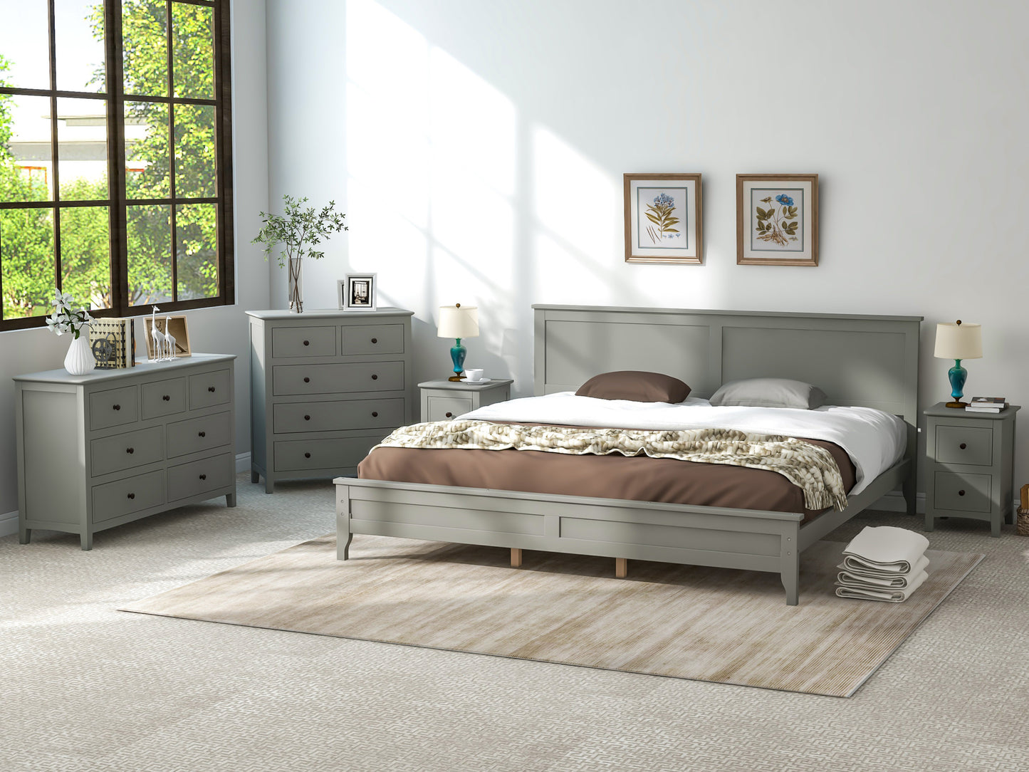 Gray Solid Wood 5 Pieces King Bedroom Sets(bed+nightstand*2+chest+dresser)NEW