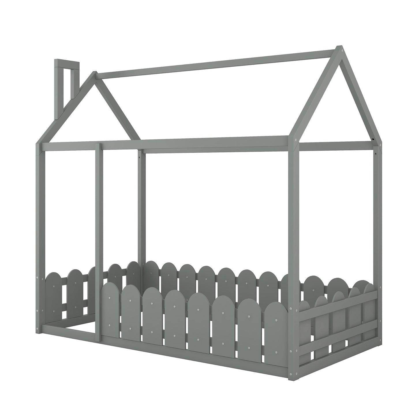 (Slats are not included) Twin Size Wood Bed House Bed Frame with Fence, for Kids, Teens, Girls, Boys (Gray )(OLD SKU :WF194274AAE)