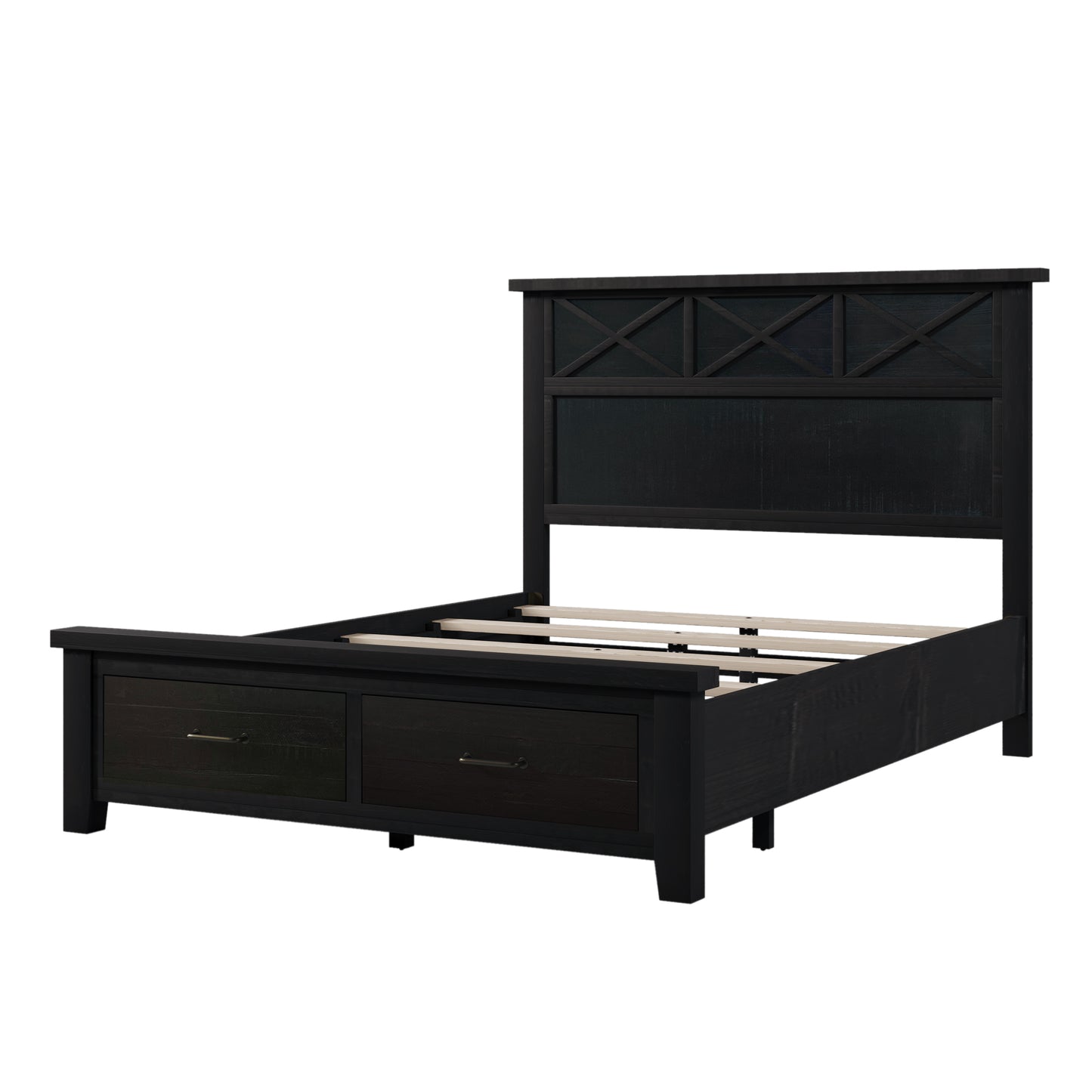 Rustic Farmhouse Style Blackwash Queen Storage Panel Bed with Two Drawers, Coffee