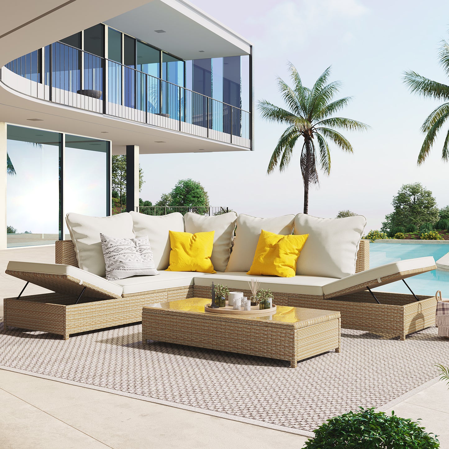 TOPMAX Patio 3-Piece Rattan Sofa Set All Weather PE Wicker Sectional Set with Adjustable Chaise Lounge Frame and Tempered Glass Table, Natural Brown