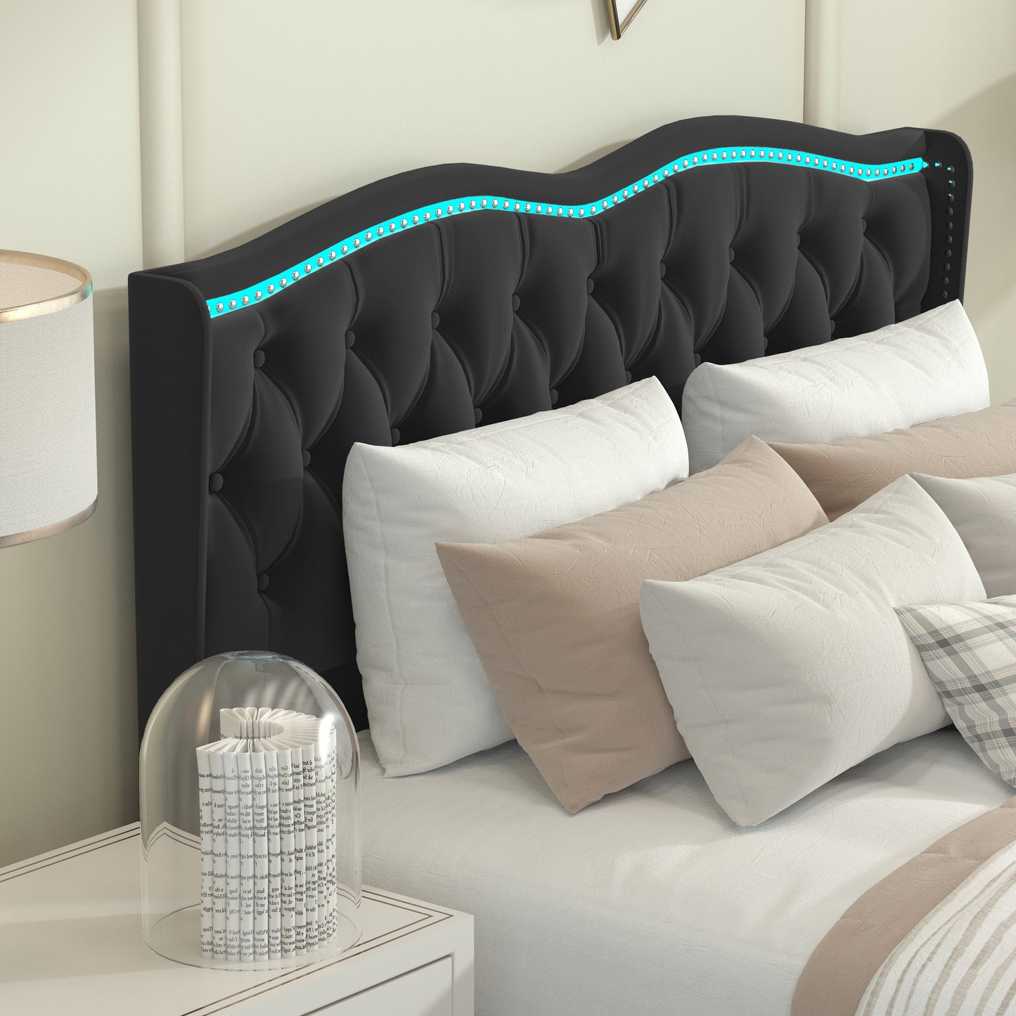 Queen Platform Bed Frame , Velvet Upholstered Bed with Deep Tufted Buttons and Nailhead Trim, Adjustable Colorful LED Light Decorative Headboard, Bed Sides with Pull-Out Storage 4 Drawers, Black
