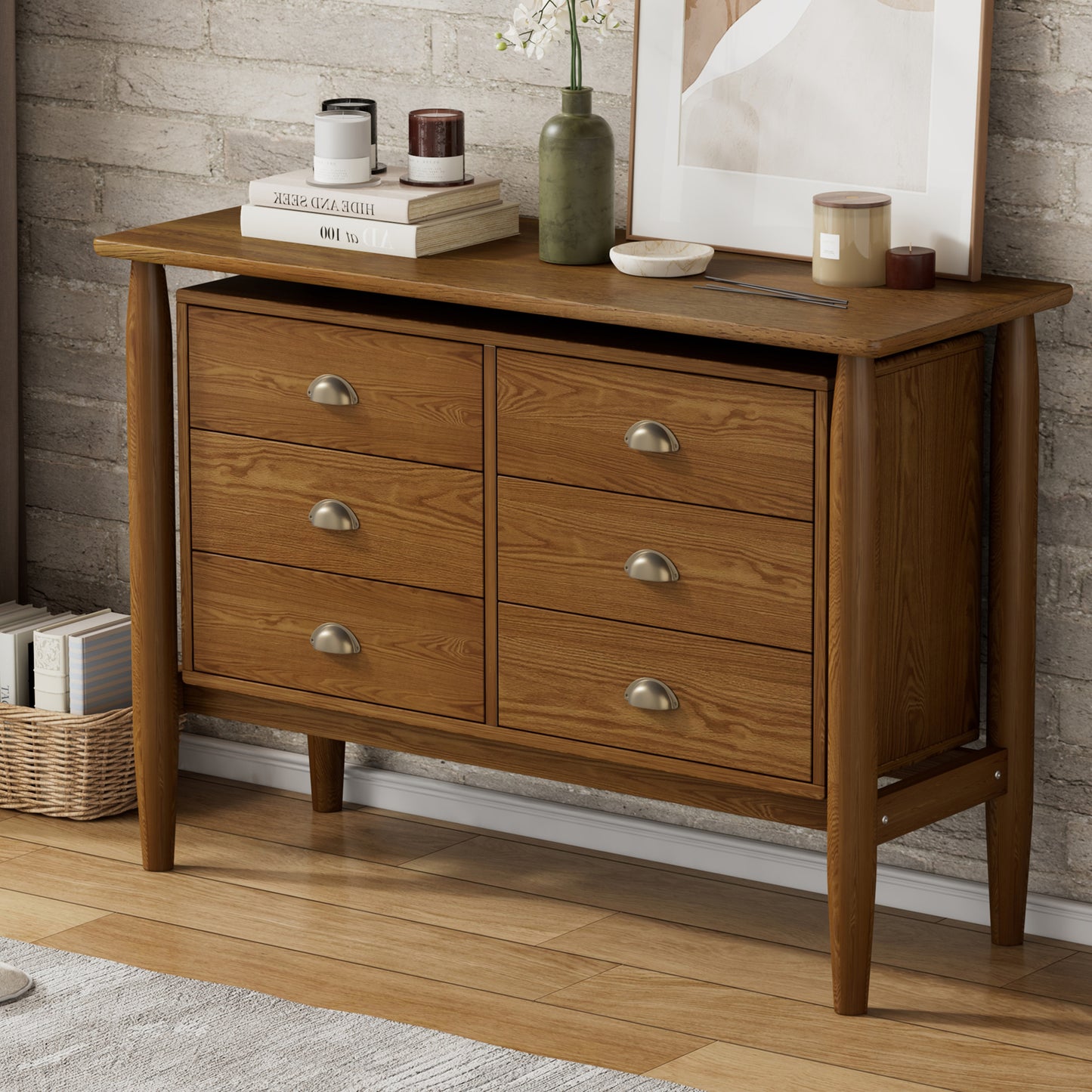 Mid Century Modern Wood 6-Drawer Dresser Storage Cabinet for Bedroom,Living Room,Rubberwood