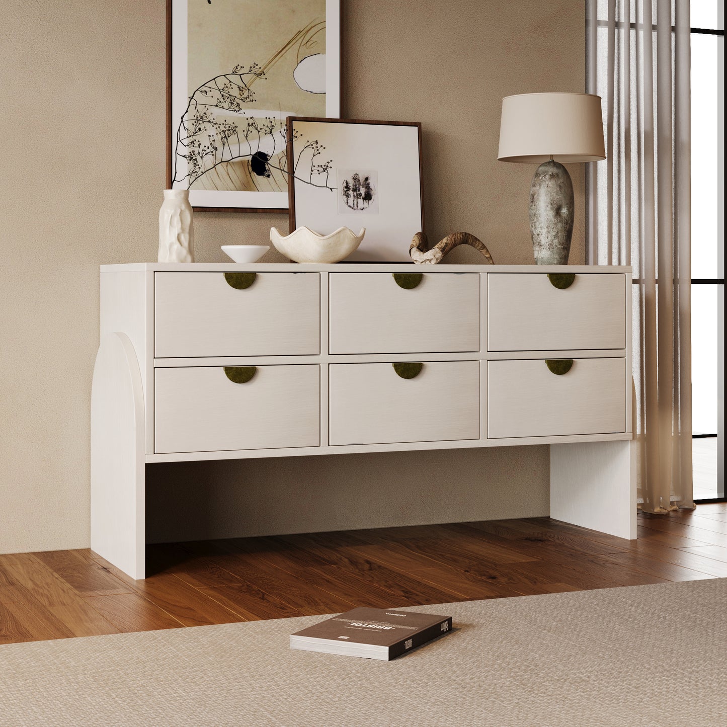 Retro Style Rubber Wood Venner Three-Drawer Dresser Sideboard Cabinet Console Table Sofa Table Ample Storage Spaces for Living Room, Children's Room, Adult Room, Antique White