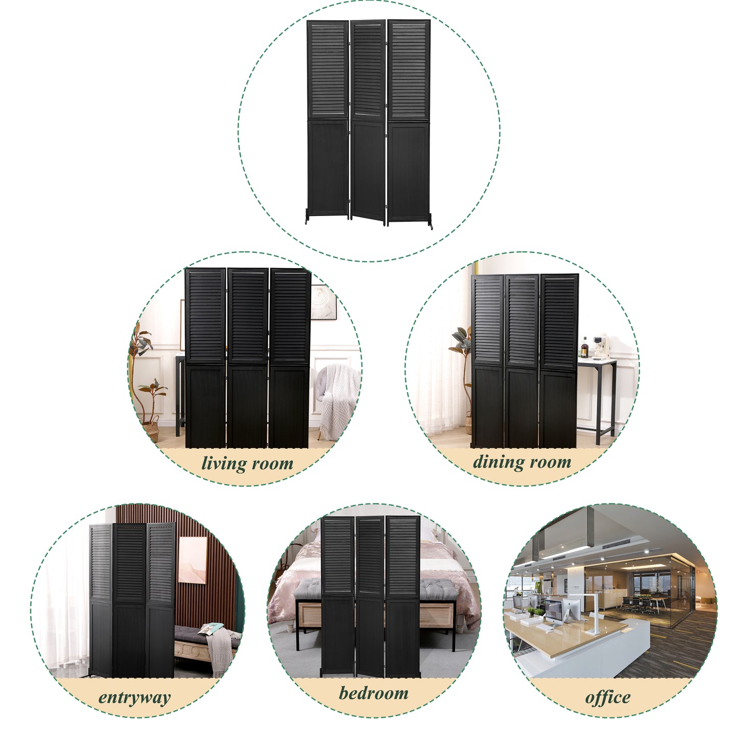 3 Panel Room Divider 6Ft Wood Folding Privacy Screen Black Room Separator Free Standing Wall Dividers (Black)