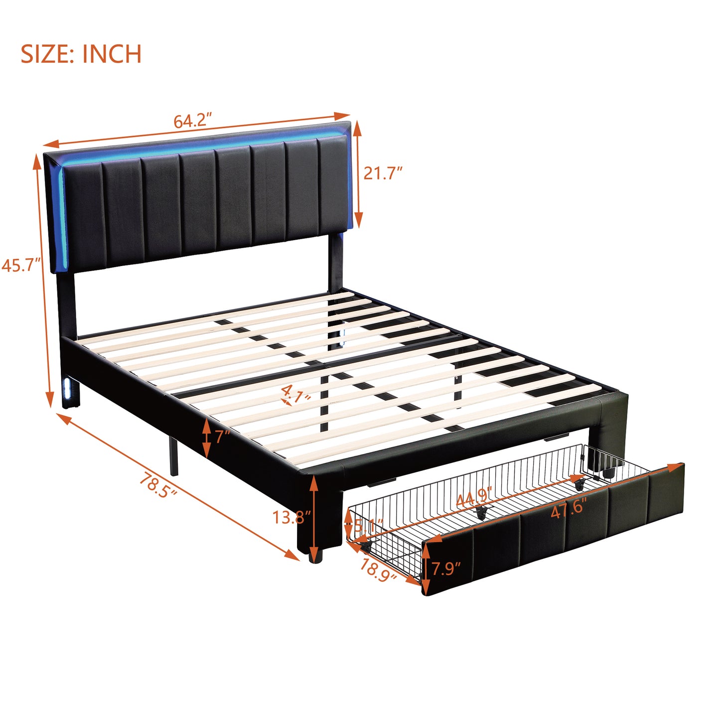 3-Pieces Bedroom Sets,Queen Size Upholstered Bed with LED Lights and Motion Activated Night Lights,Two Nightstands with USB Charging Station and LED lights,Black