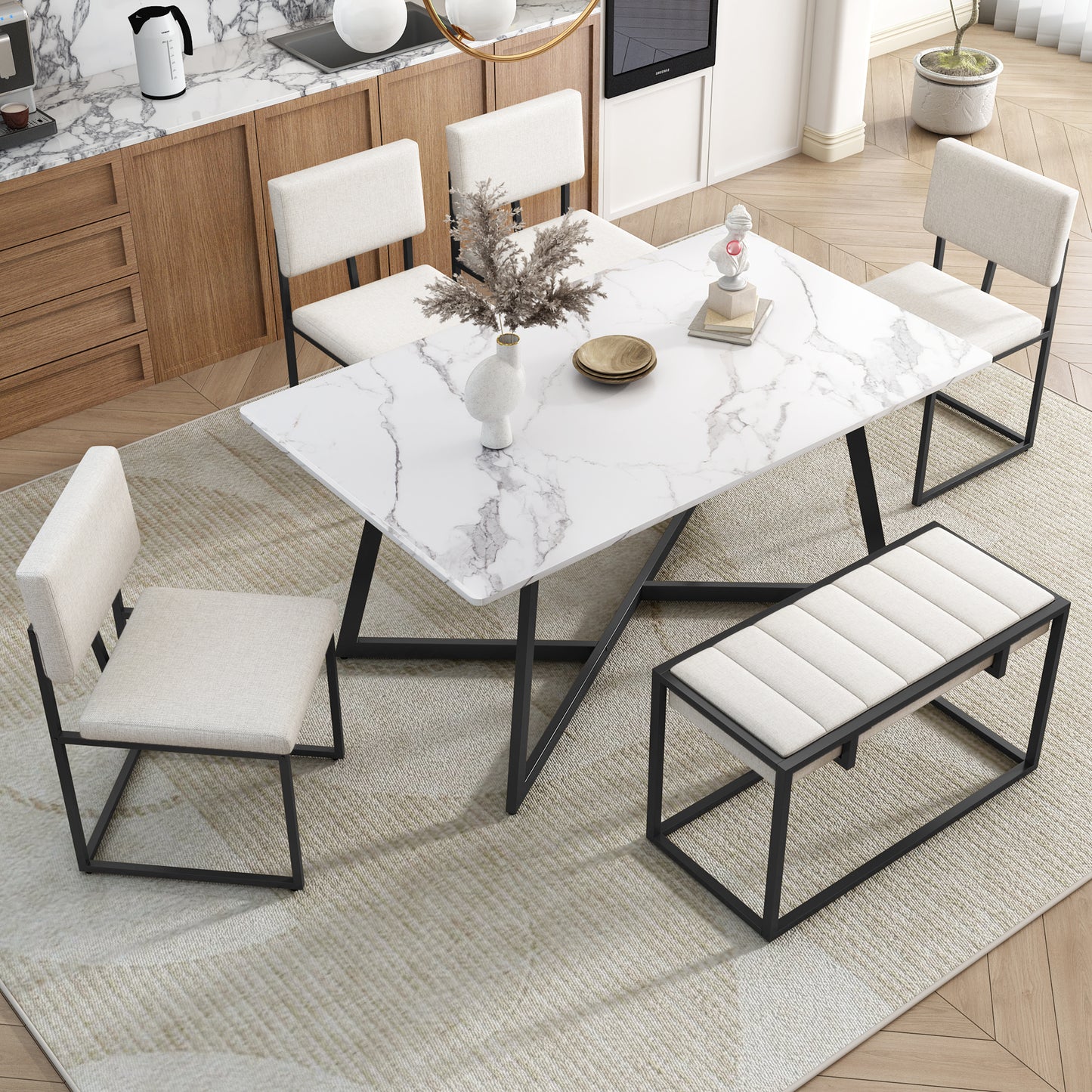TOPMAX Modern Faux Marble 6-Piece Dining Table Set,60inch Metal Kitchen Table Set with Upholstered Dining Chairs and Bench, Black