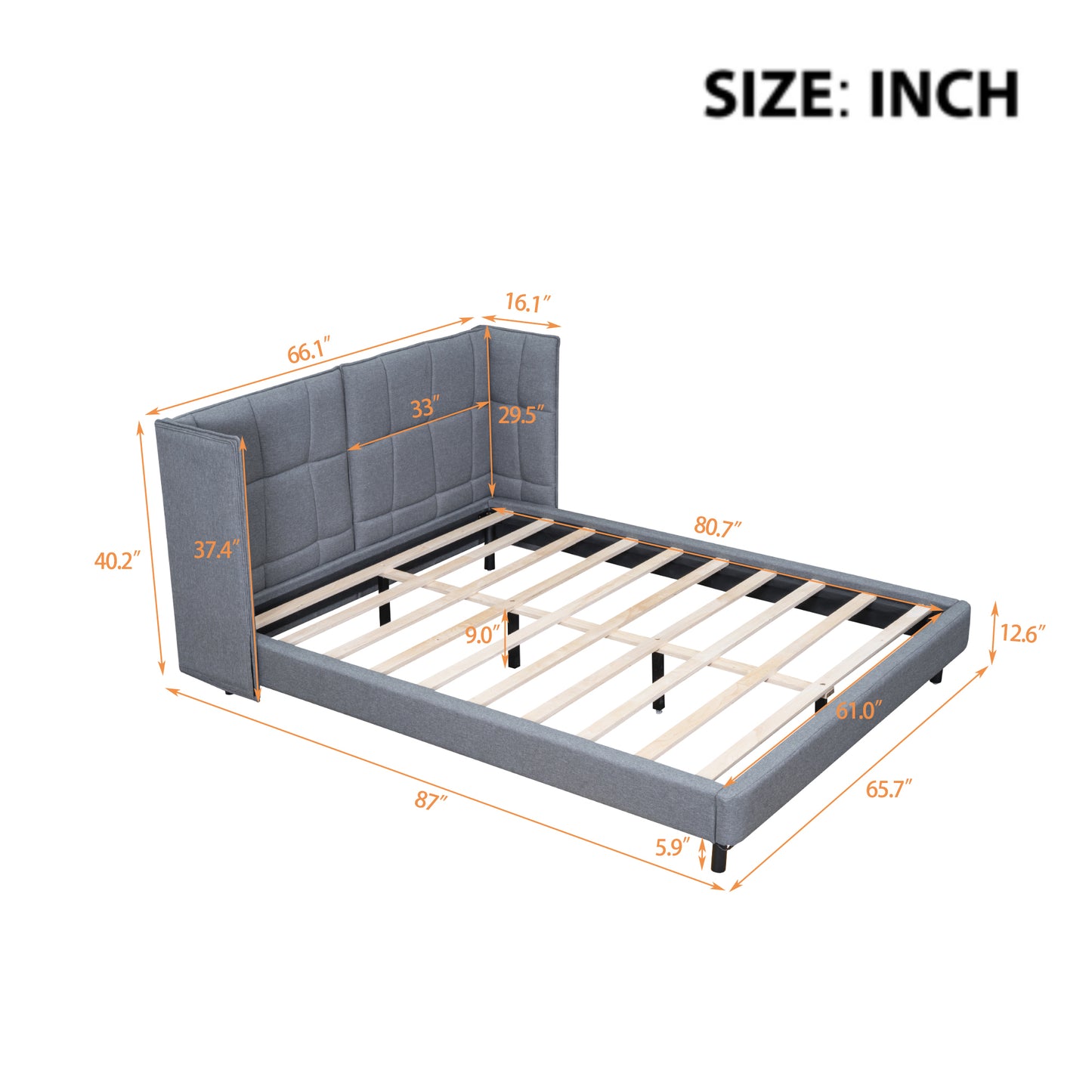 Queen Size Upholstered Platform Bed with LED Lights and U-Shaped Headboard, Linen Fabric, Gray