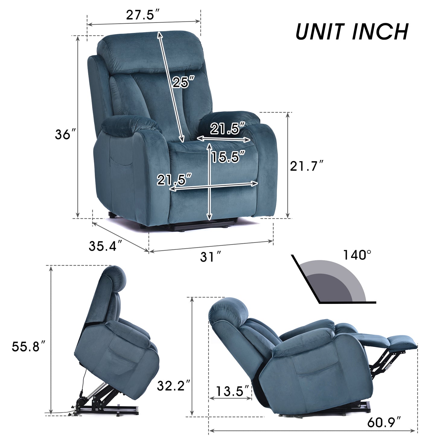 Lift Chair Recliner for Elderly Power Remote Control Recliner Sofa Relax Soft Chair Anti-skid Australia Cashmere Fabric Furniture Living Room (Navy Blue)