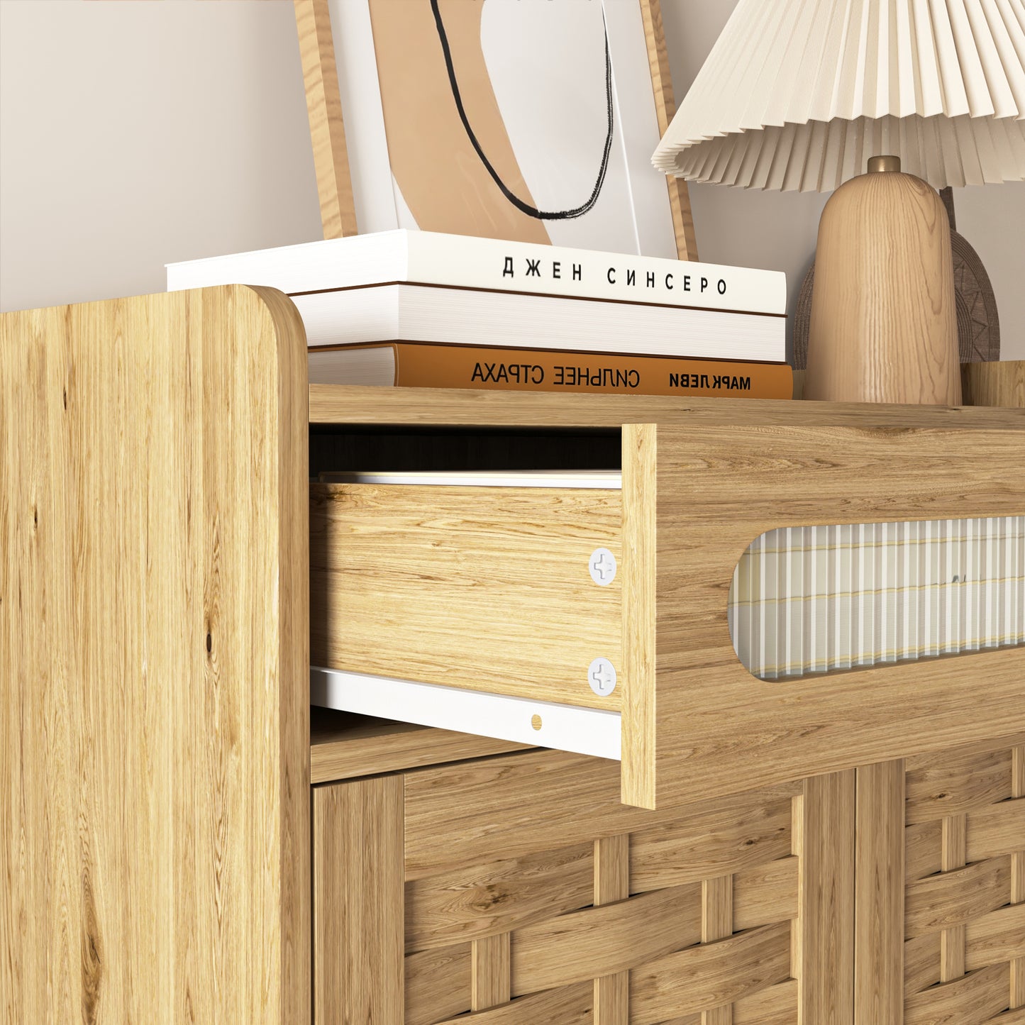 Coffee Bar Cabinet, Modern Farmhouse Buffet Sideboard
with Drawer and Adjustable Shelf, Barn Door Storage Cabinet for Kitchen, Dining Room, Bathroom, Entryway