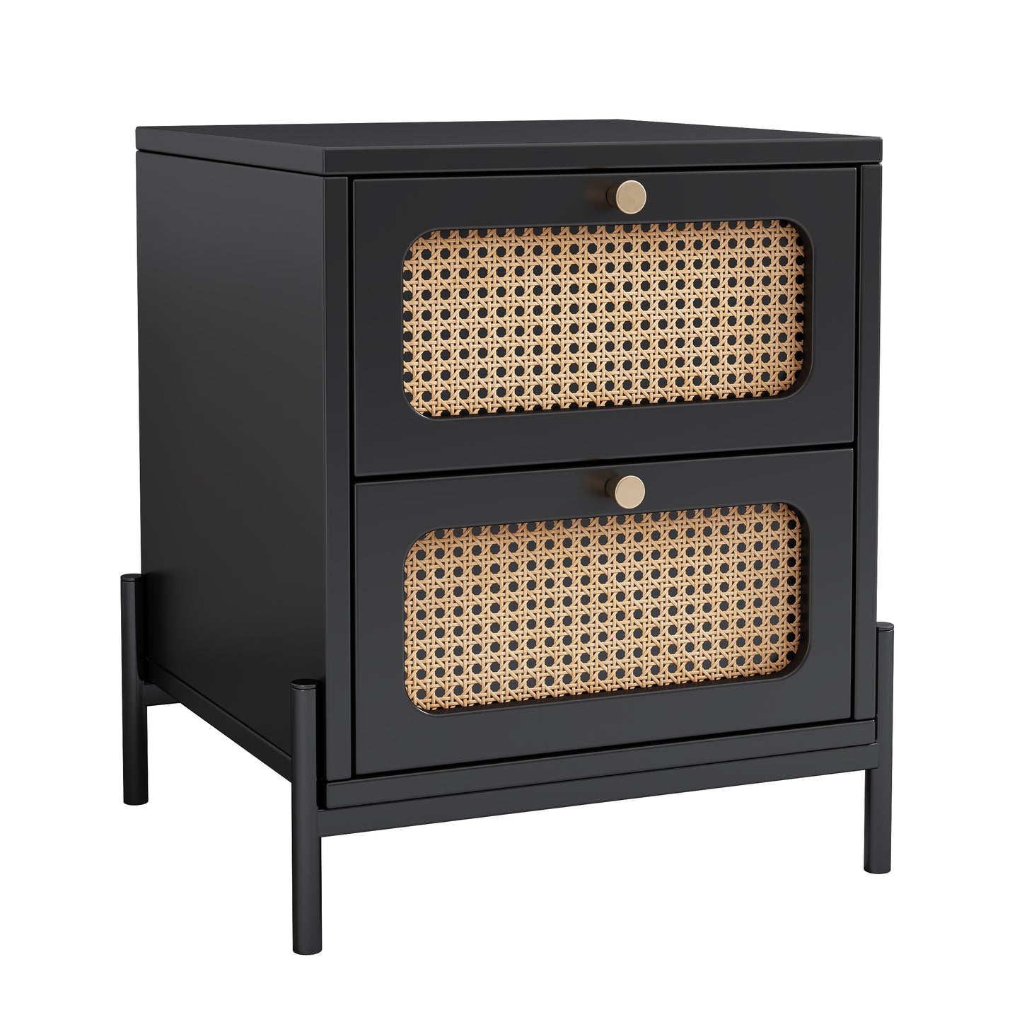 4 Pieces Modern Cannage Rattan Platform Queen Bed + Nightstand*2+ Dresser, Black