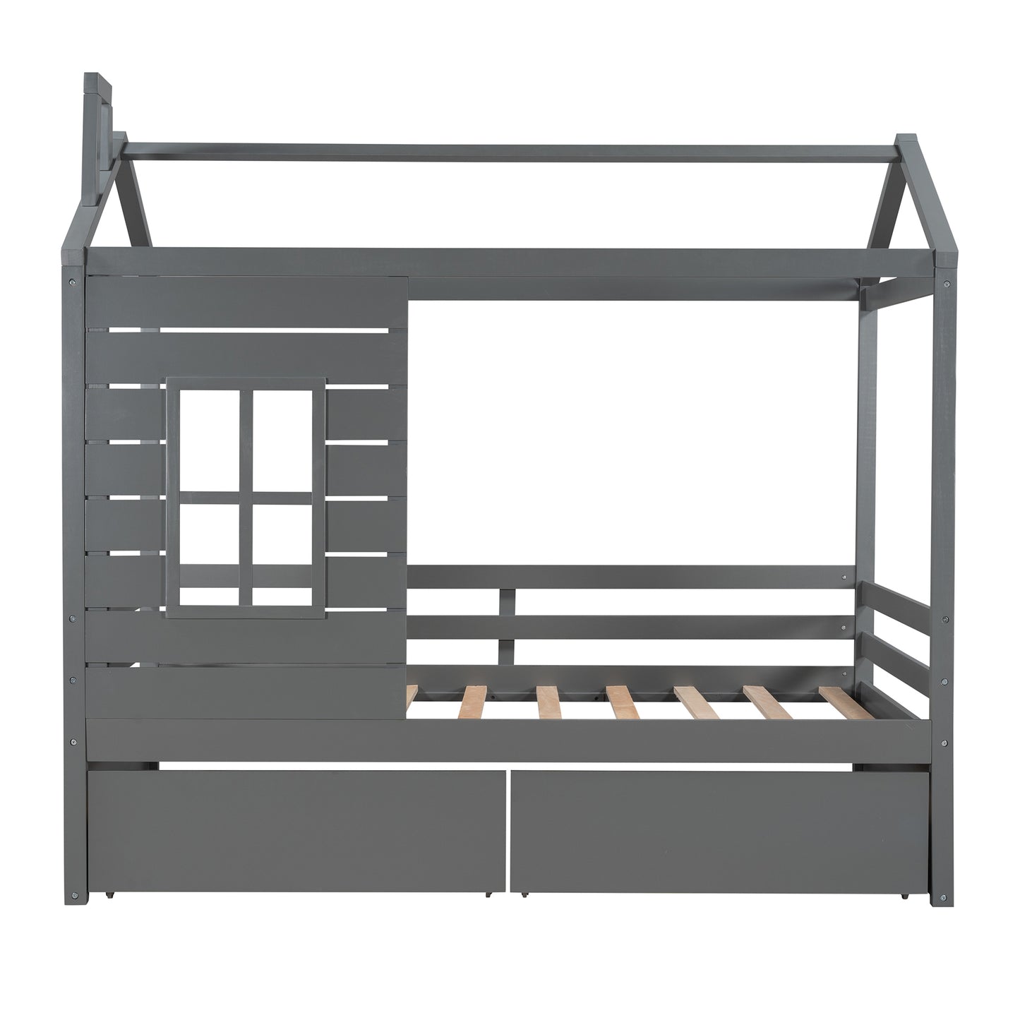 Twin Size House Bed Wood Bed with Two Drawers ( Gray )