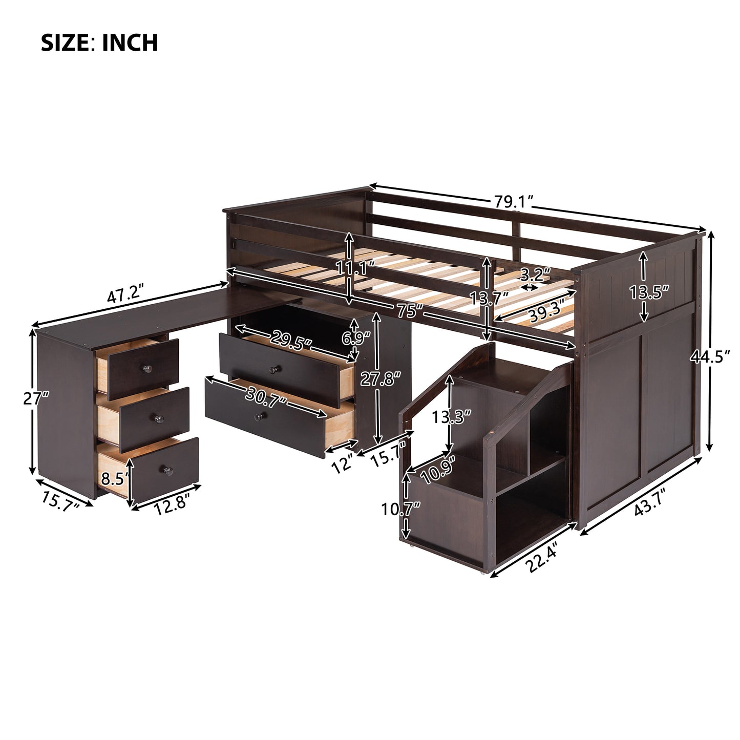 Loft Bed Low Study Twin Size Loft Bed With Storage Steps and Portable,Desk,Espresso(OLD SKU: LT000101AAP)