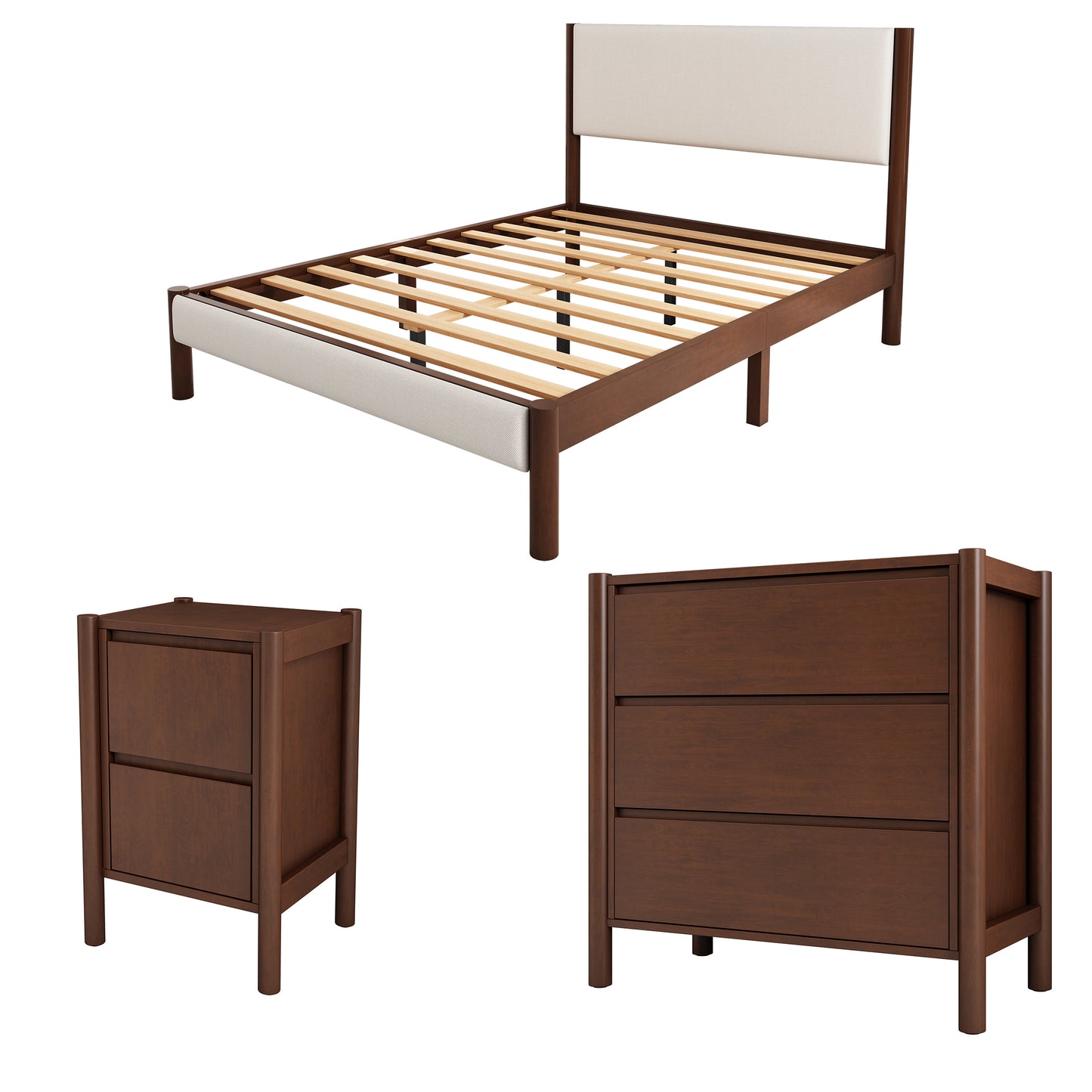 3 Pieces Bedroom Sets Mid Century Modern Upholestery Walnut Wood Frame Queen Platform Bed with Nightstand and Chest