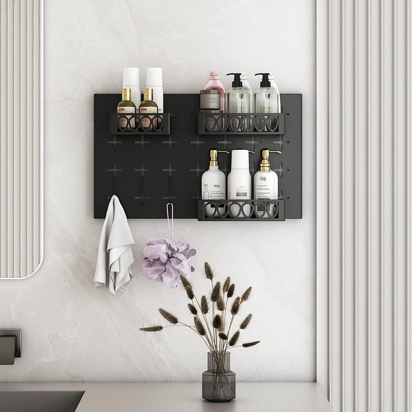 Metal Key Hooks with 3 Adjustable Baskets and 3 Hooks, Pegboards for wall Organizer