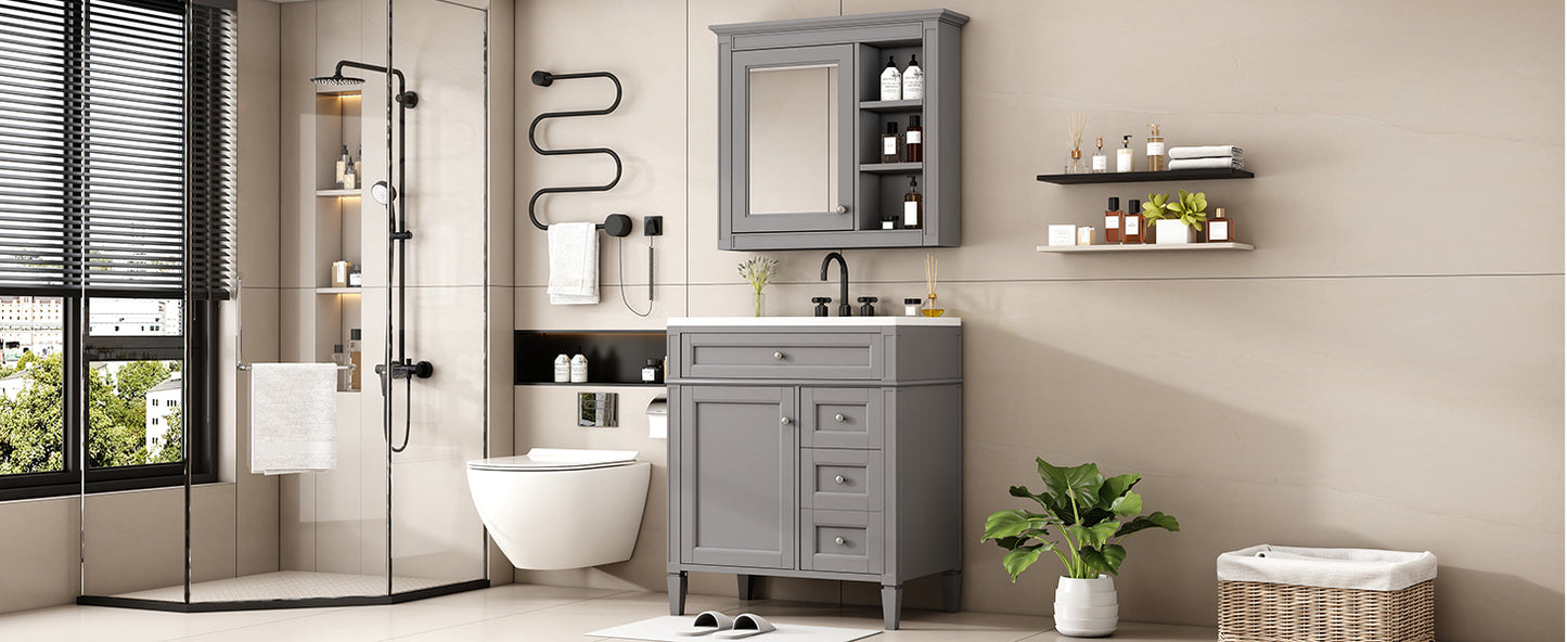 30'' Bathroom Vanity with Top Sink, Modern Bathroom Storage Cabinet with 2 Drawers and a Tip-out Drawer, Freestanding Vanity Set with Mirror Cabinet, Single Sink Bathroom Vanity