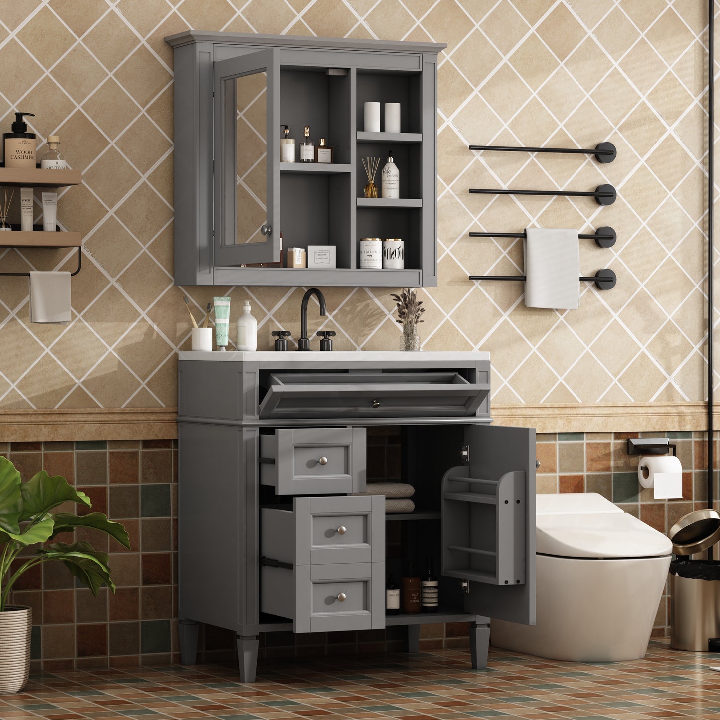 30'' Bathroom Vanity with Top Sink, Modern Bathroom Storage Cabinet with 2 Drawers and a Tip-out Drawer, Freestanding Vanity Set with Mirror Cabinet, Single Sink Bathroom Vanity