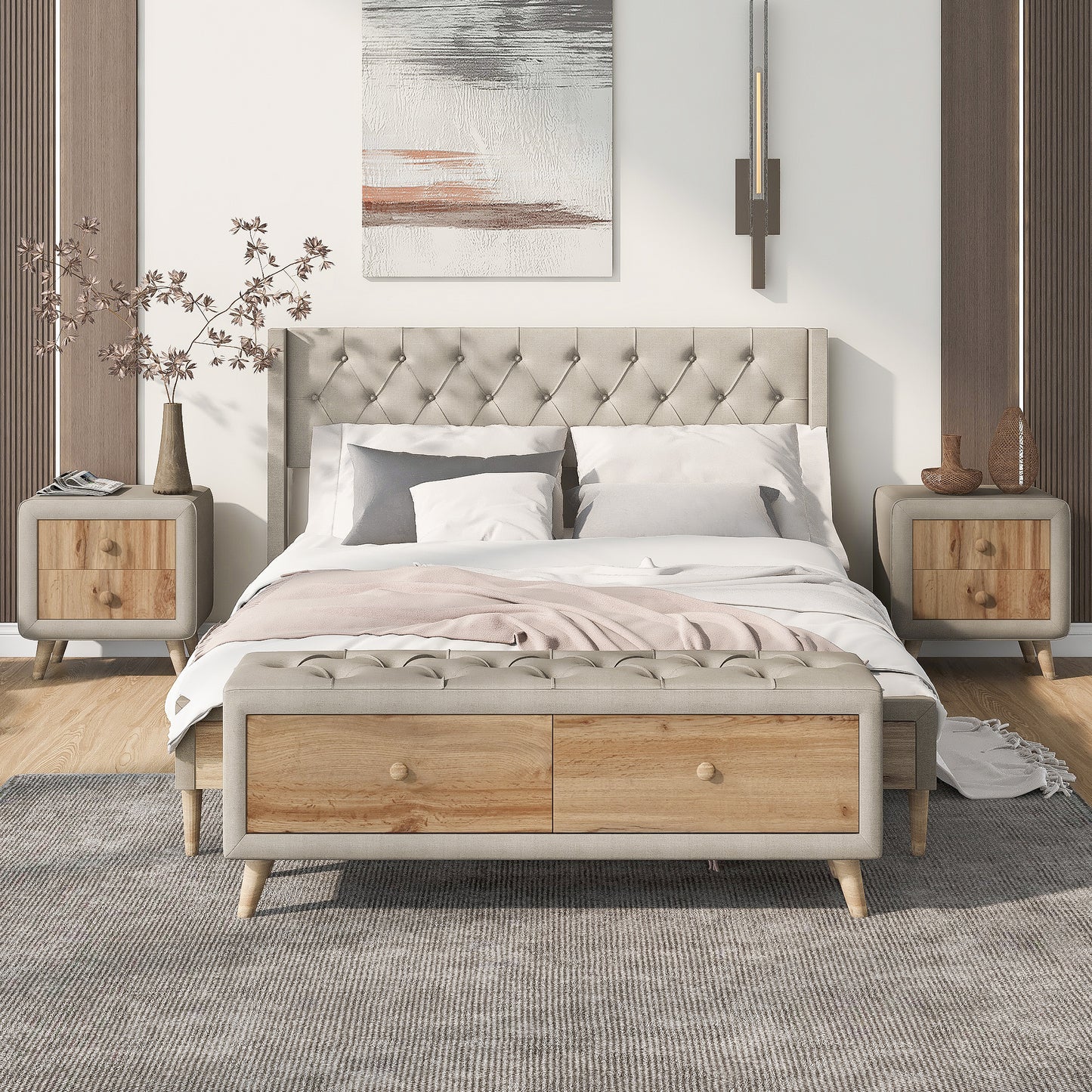 4-Pieces Bedroom Sets Queen Size Upholstered Platform Bed with Two Nightstands and Storage Bench-Beige