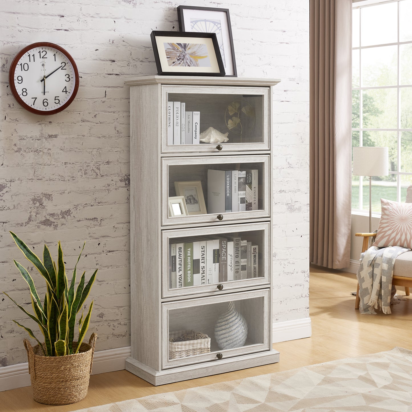 Glass display cabinet 4 Tier Glass Display Cabinet Storage Curio Cabinet with Flip up Glass Doors, Collectors Showcase Toy Figure Organizers Rack, Bookcase for Living Room White