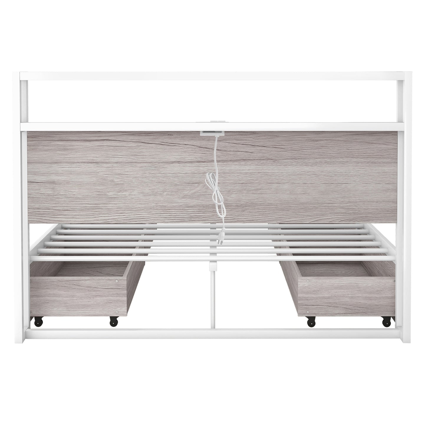 Full Size Metal Platform Bed Frame with Four Drawers,Sockets and USB Ports ,Slat Support No Box Spring Needed White