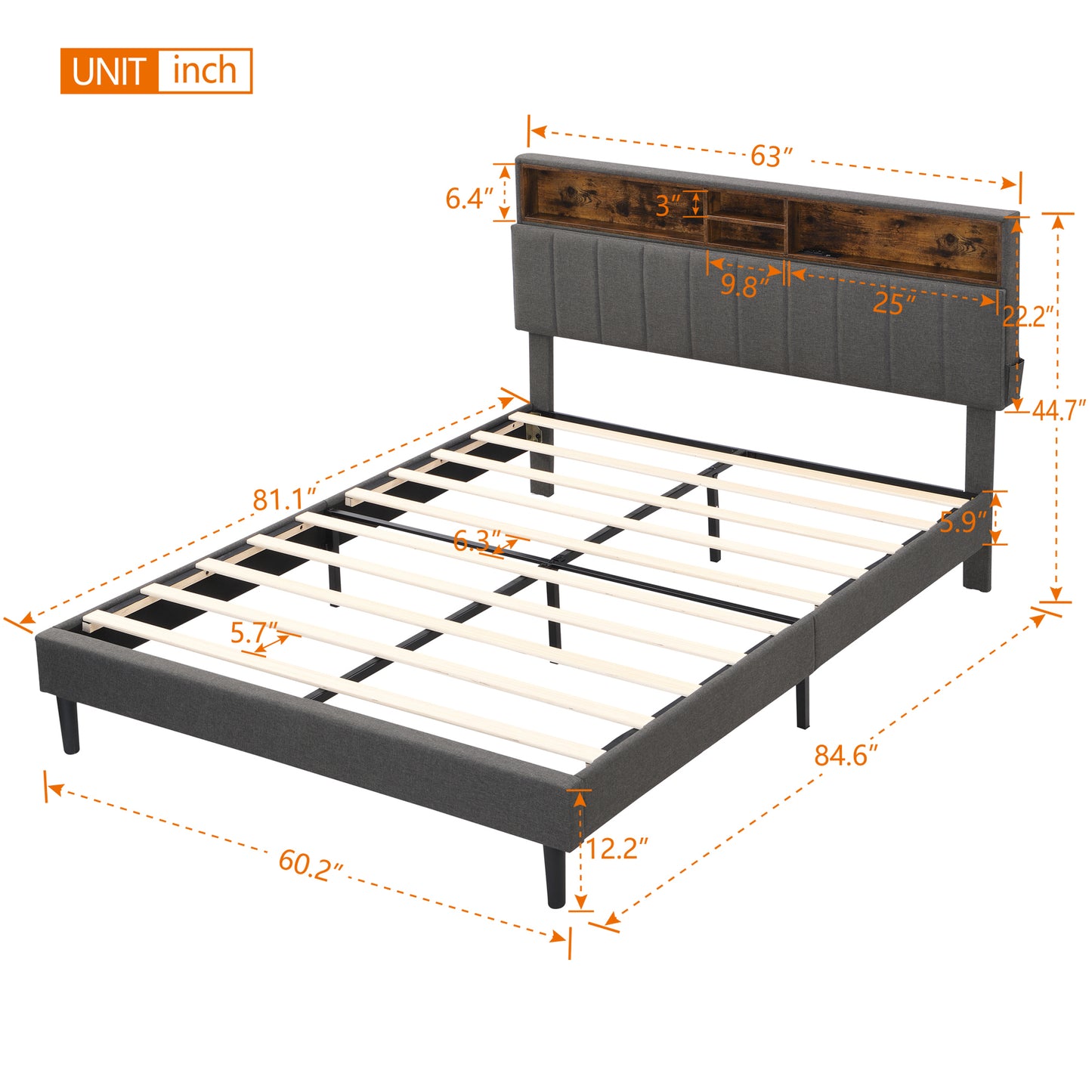 Queen Size Upholstered Platform Bed with Storage Headboard and USB Port, Linen Fabric Upholstered Bed (Gray)
