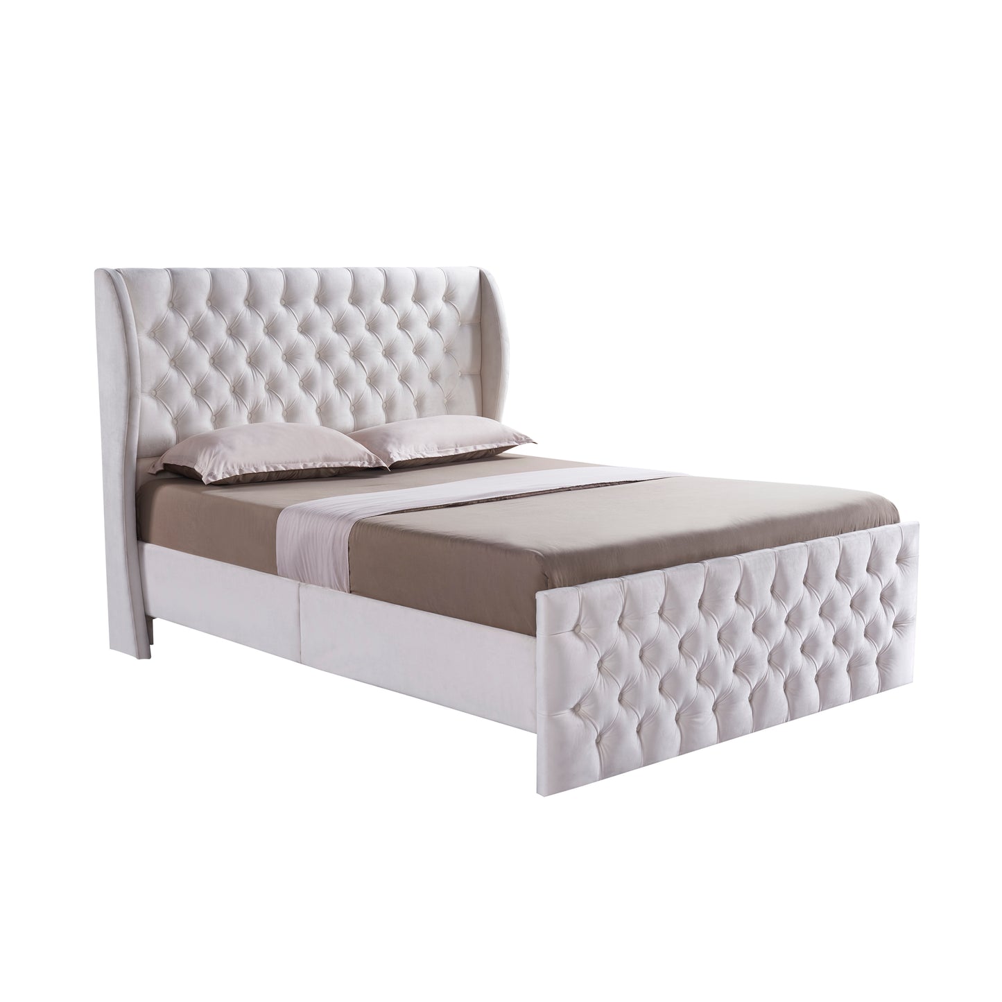 King Size Platform Bed Frame, Velvet Upholstered Sleigh Bed with Scroll Wingback Headboard & Footboard/Button Tufted/No Box Spring Required/Easy Assembly-White
