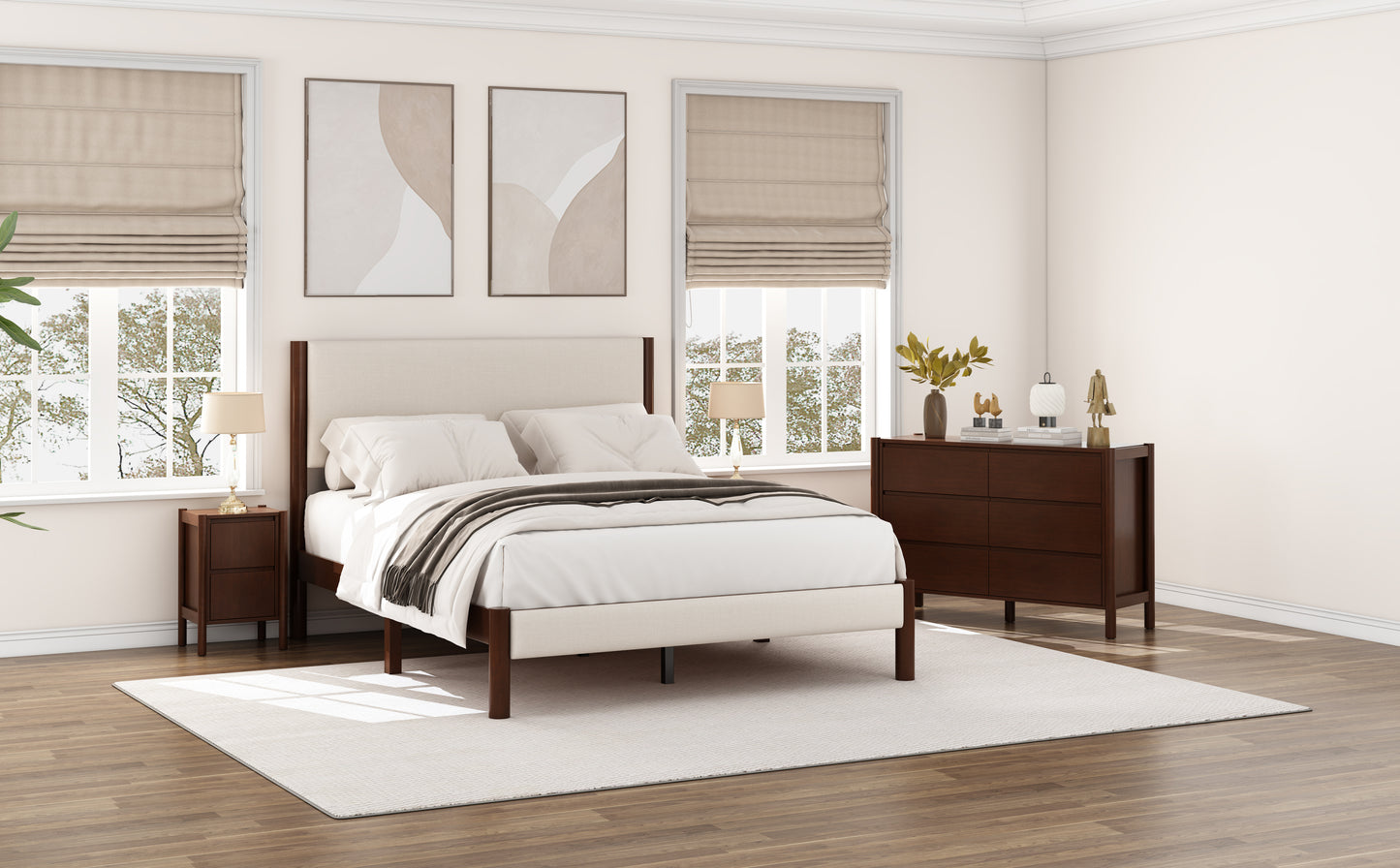 4 Pieces Bedroom Sets Mid Century Modern Upholestery Walnut Wood Frame Queen Platform Bed with Two Nightstands and Dresser