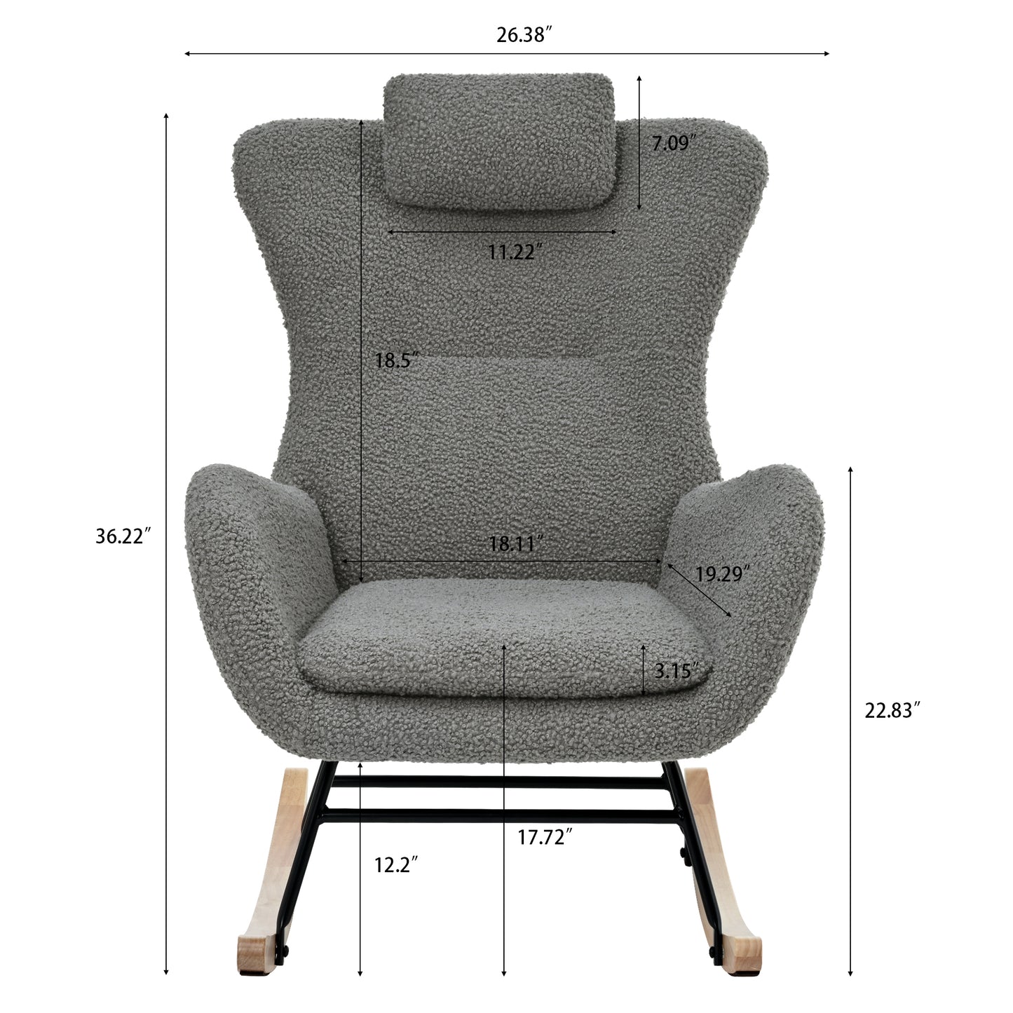 Rocking Chair Nursery, Teddy Upholstered Rocker Glider Chair with High Backrest, Adjustable Headrest & Pocket, Comfy Glider Chair for Nursery, Bedroom, Living Room, Offices, Rubber wood, gray