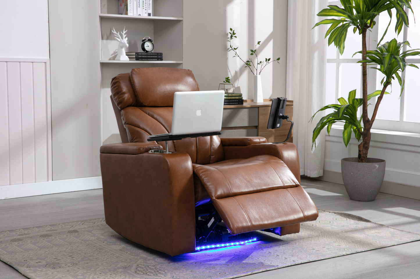 Power Motion Recliner with USB Charging Port and Hidden Arm Storage, Home Theater Seating with Convenient Cup Holder Design ,and stereo(Light Brown)