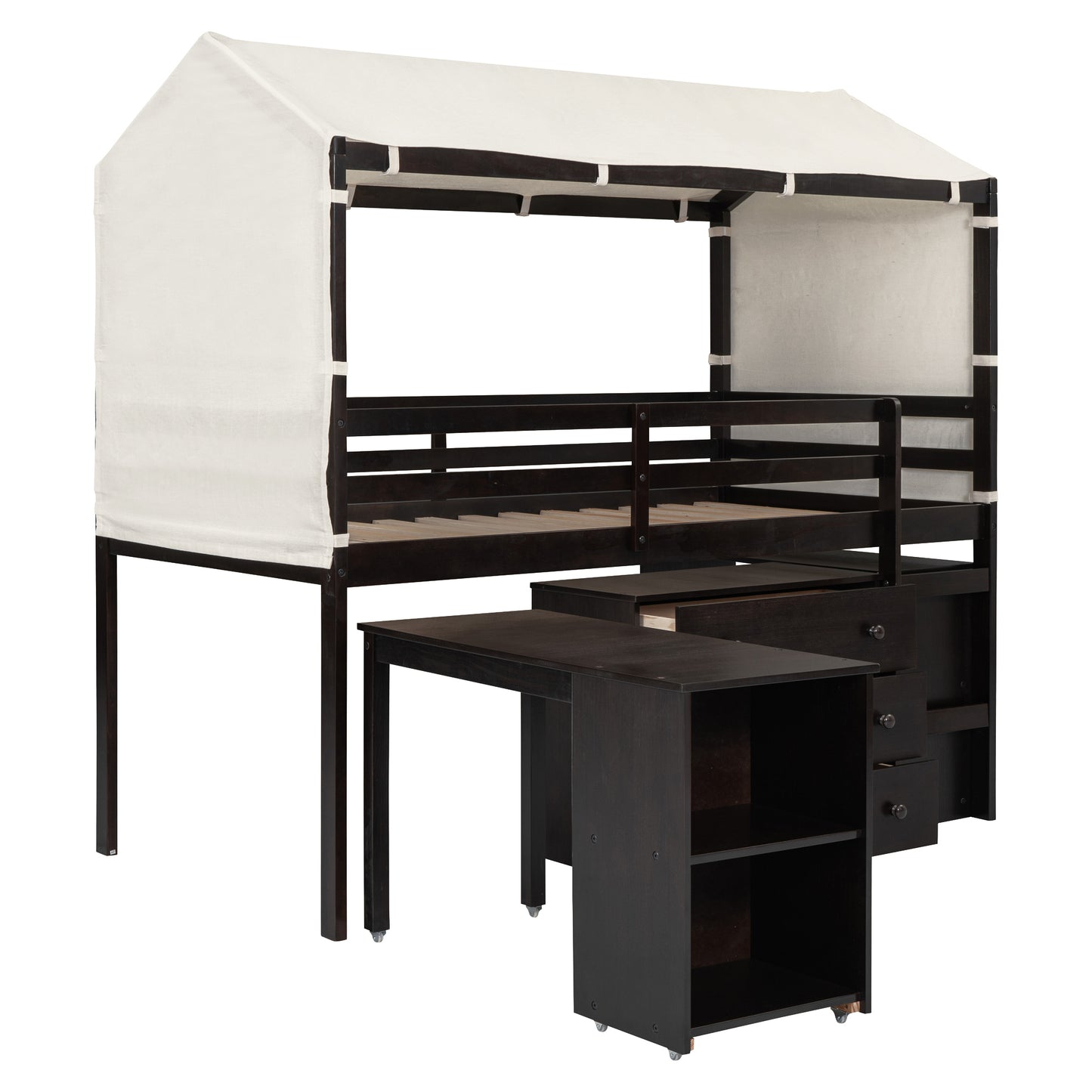 Twin Size Loft Bed with Rolling Cabinet, Shelf and Tent - Espresso