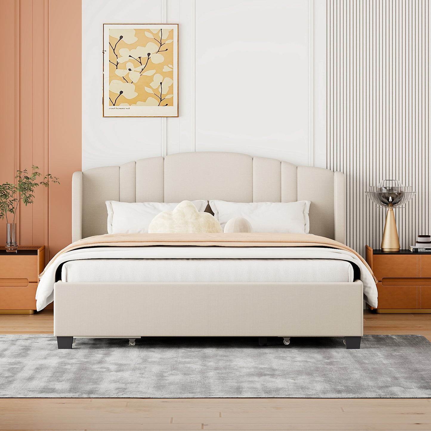 Upholstered Platform Bed with Wingback Headboard and 4 Drawers, No Box Spring Needed, Linen Fabric, Queen Size Beige