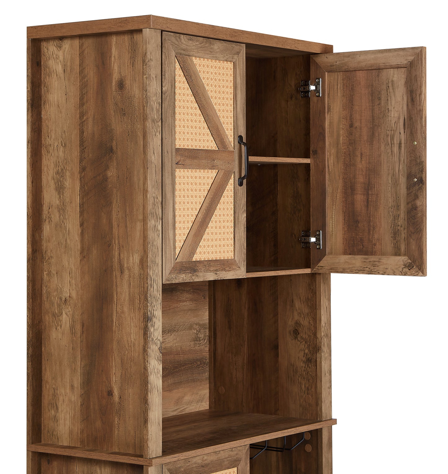 76-Inch Tall Rustic Oak Color Farmhouse Kitchen Faux Rattan Wine Cabinet, Kitchen Bar Cabinet with Square Compartments , Large Wooden Faux Rattan Storage Cabinet with Barn Doors and Microwave Shelves