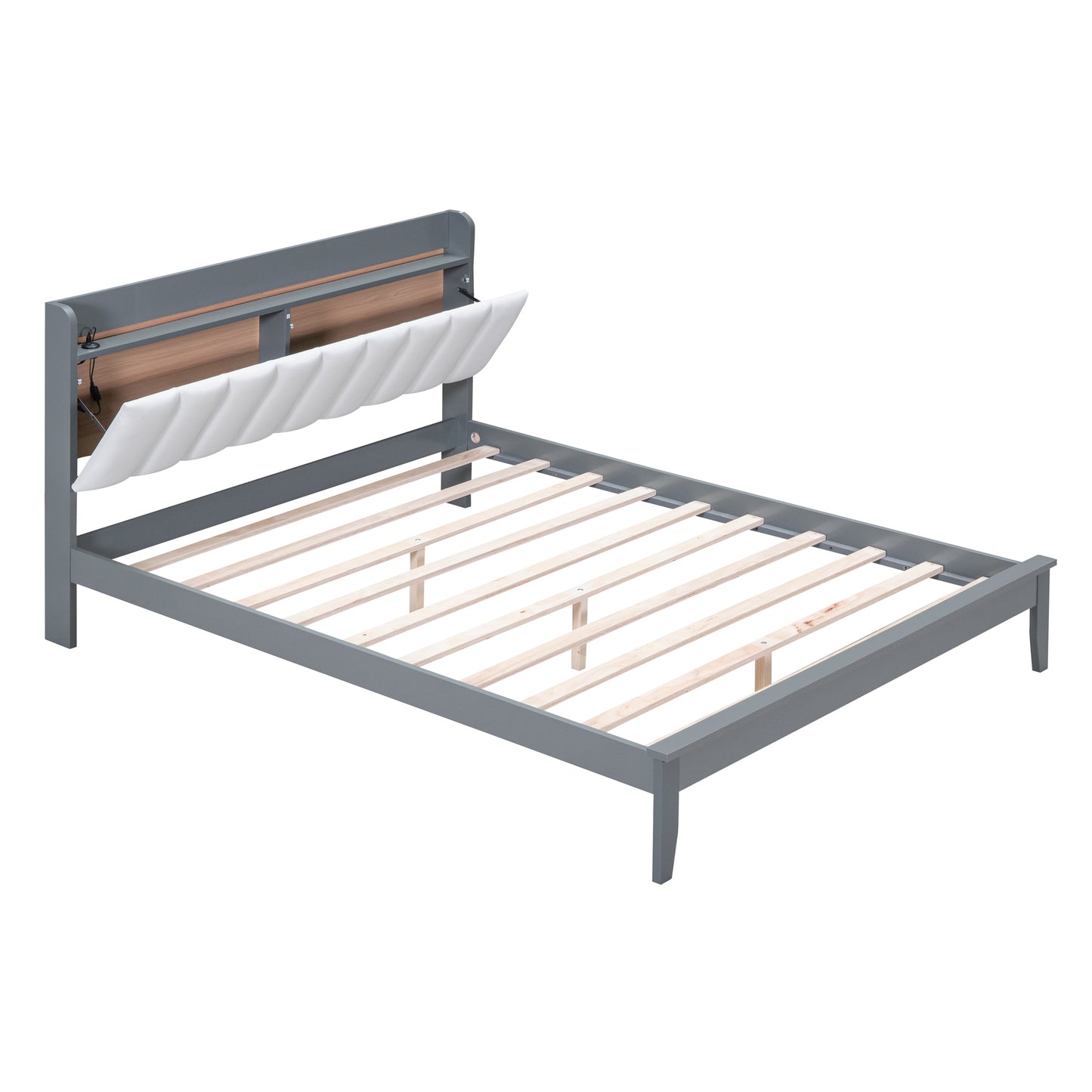 3-Pieces Bedroom Sets,Queen Size Wood Platform Bed and Two Nightstands,Storage Platform bed with USB and LED Lights-Gray+White
