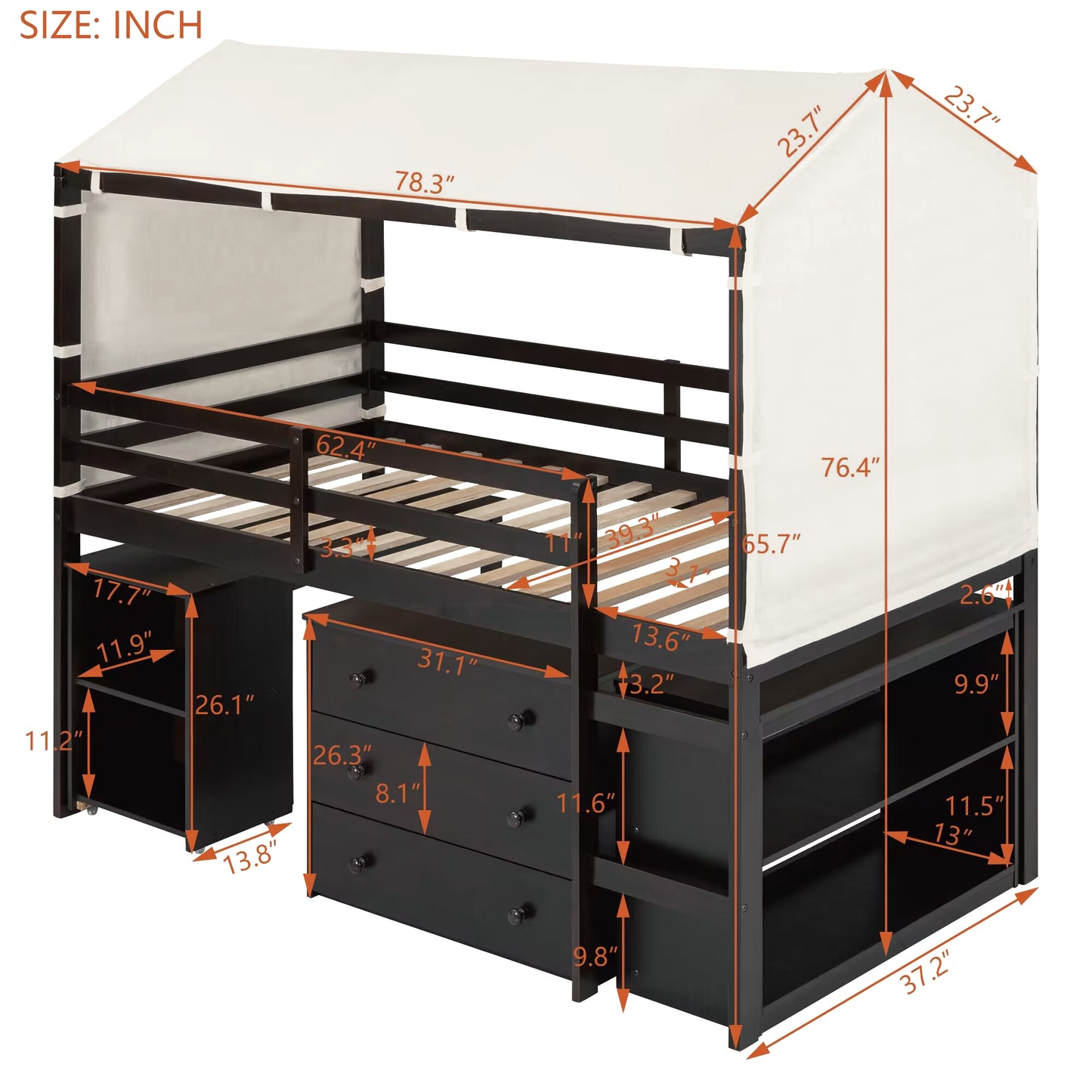 Twin Size Loft Bed with Rolling Cabinet, Shelf and Tent - Espresso