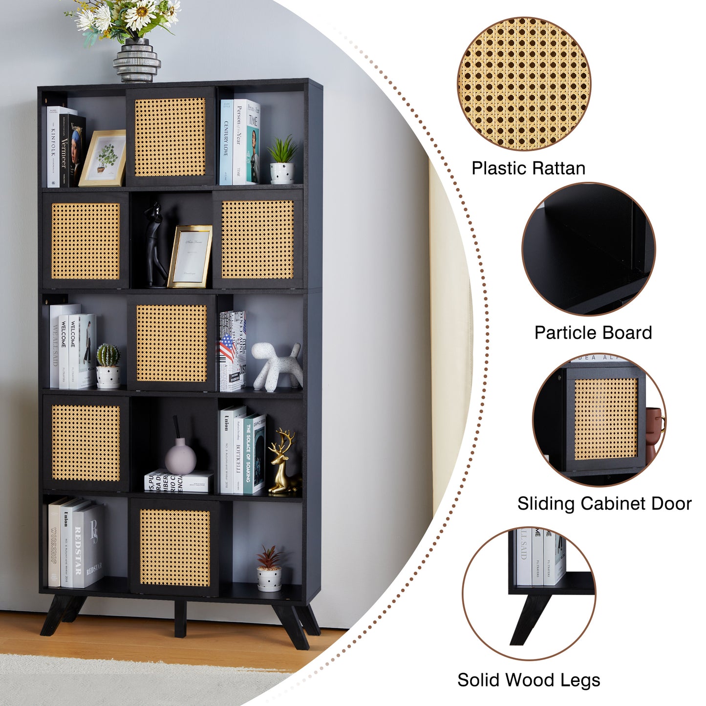 5 Tier Bookcase with Rattan Doors, 71" Shelf Rattan Boho Wood Shelves Large Bookshelves Farmhouse Bookcases Book Case for Bedroom, Living Room, Office (Black)