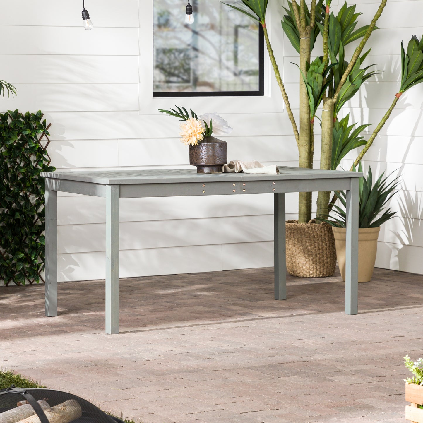 Contemporary Slat-Top Acacia Wood Outdoor Dining Table - Grey Wash