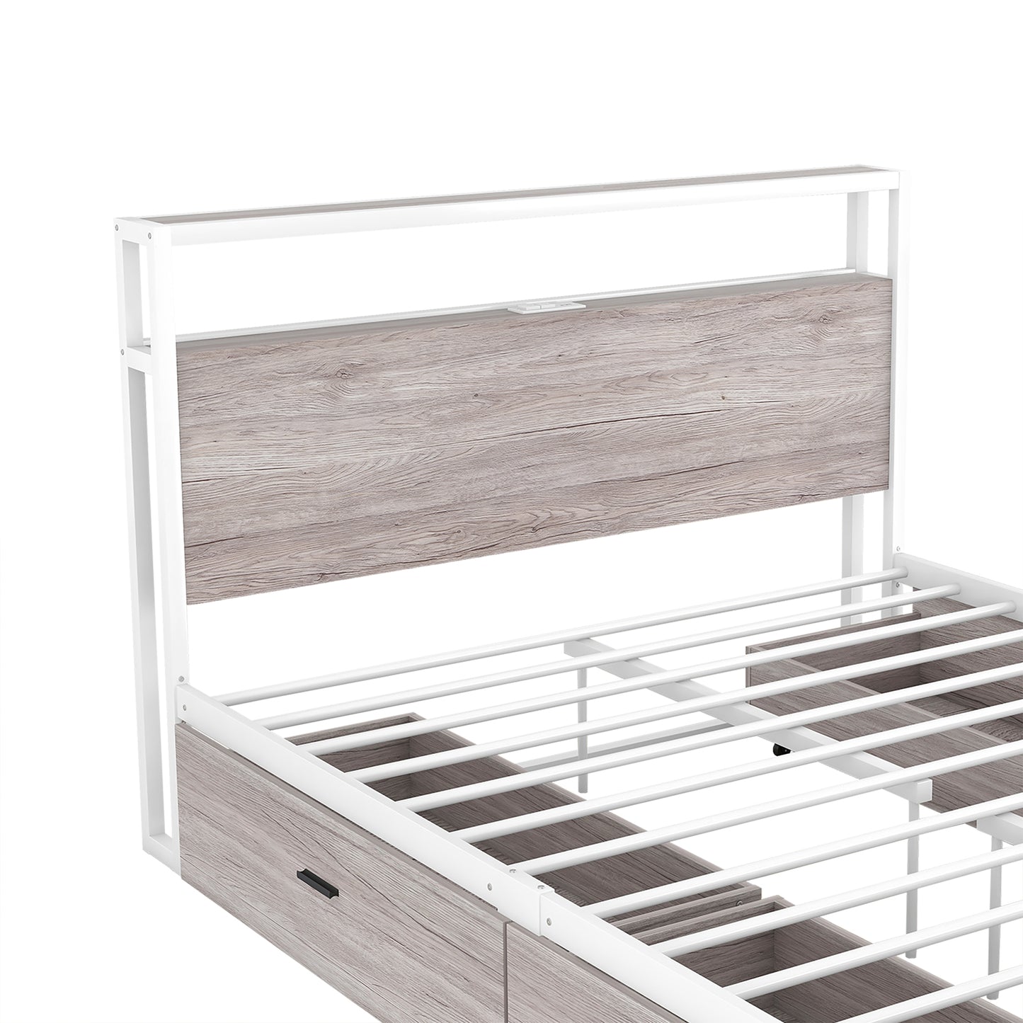 Full Size Metal Platform Bed Frame with Four Drawers,Sockets and USB Ports ,Slat Support No Box Spring Needed White