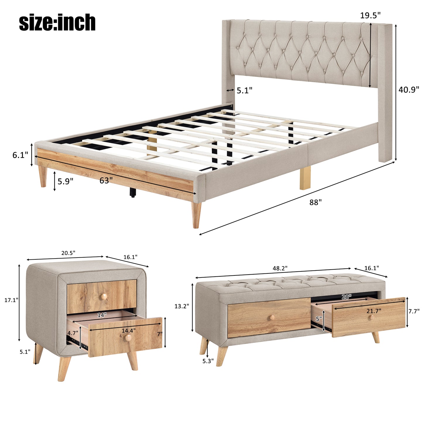 4-Pieces Bedroom Sets Queen Size Upholstered Platform Bed with Two Nightstands and Storage Bench-Beige