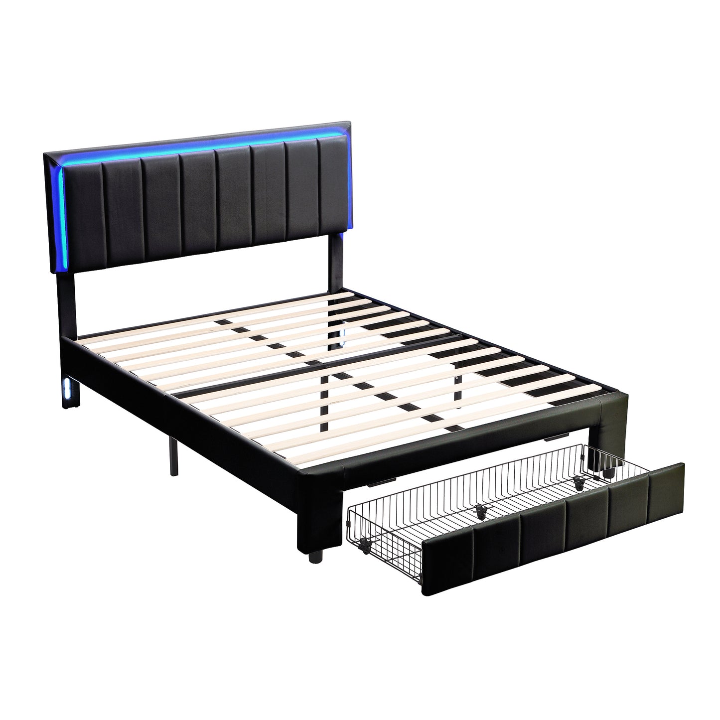 3-Pieces Bedroom Sets,Queen Size Upholstered Bed with LED Lights and Motion Activated Night Lights,Two Nightstands with USB Charging Station and LED lights,Black