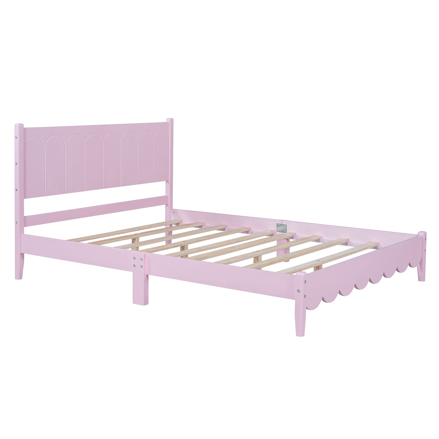Full Size Wood Platform Bed Frame, Retro Style Bed with Rectangular Headboard,No Need Box Spring,Pink
