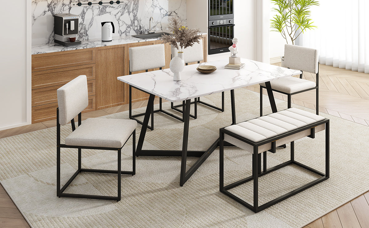 TOPMAX Modern Faux Marble 6-Piece Dining Table Set,60inch Metal Kitchen Table Set with Upholstered Dining Chairs and Bench, Black