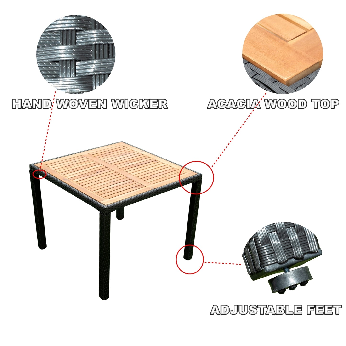 EELIFEE 5 piece Outdoor Patio Wicker Dining Set Patio Wicker Furniture Dining Set w/Acacia Wood Top Black Wicker + Creme Cushion