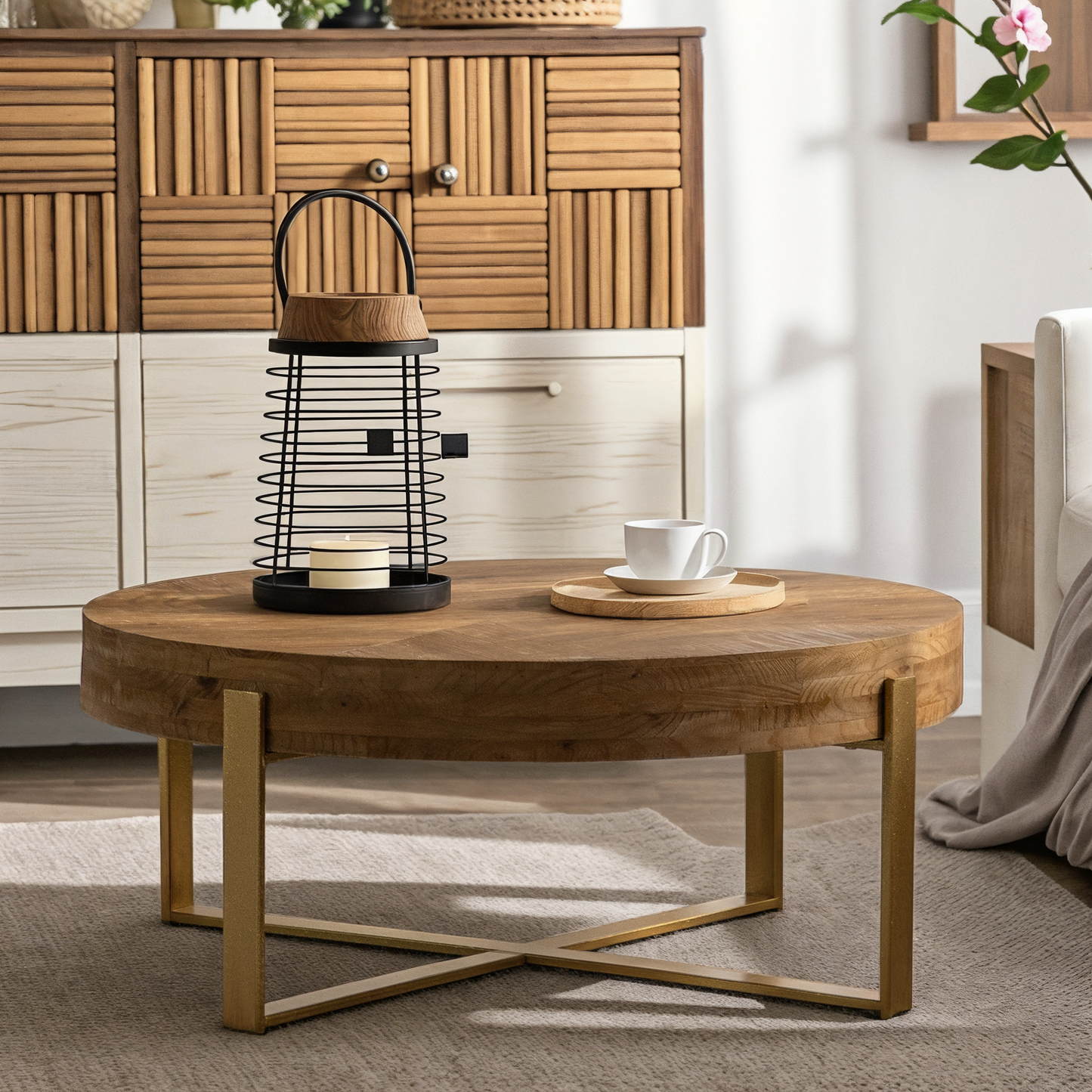 33.86"Modern Retro Splicing Round Coffee Table,Fir Wood Table Top with Gold Cross Legs Base(Same SKU:W757127348)