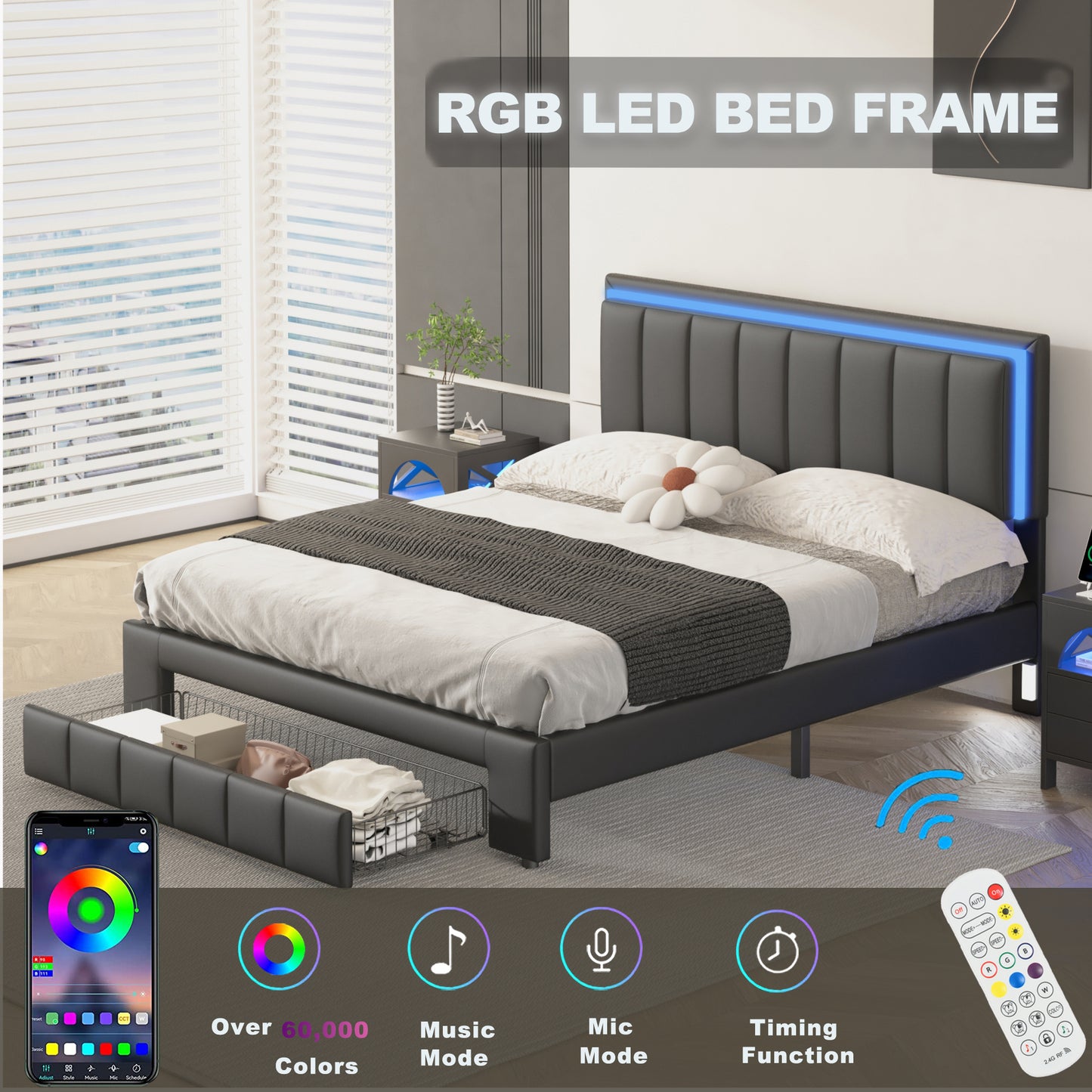 3-Pieces Bedroom Sets,Queen Size Upholstered Bed with LED Lights and Motion Activated Night Lights,Two Nightstands with USB Charging Station and LED lights,Black
