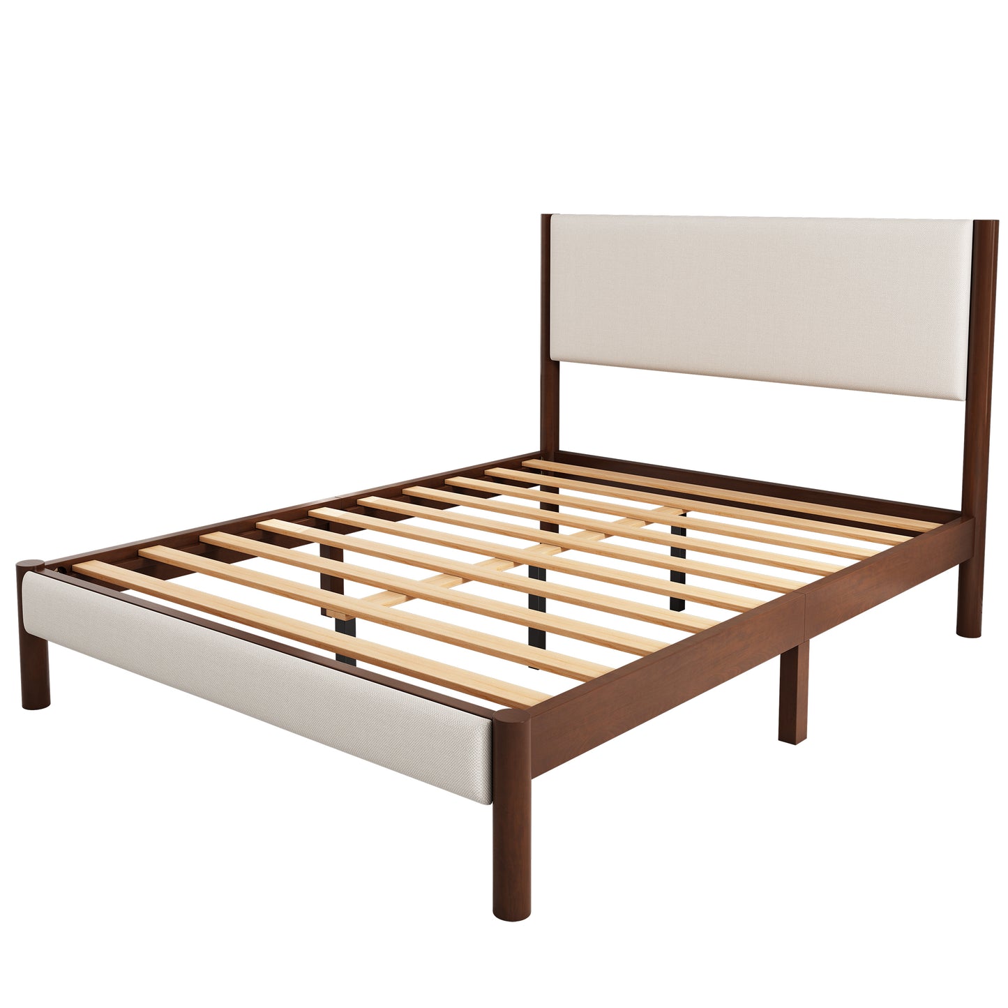 4 Pieces Bedroom Sets Mid Century Modern Upholestery Walnut Wood Frame Queen Platform Bed with Two Nightstands and Dresser