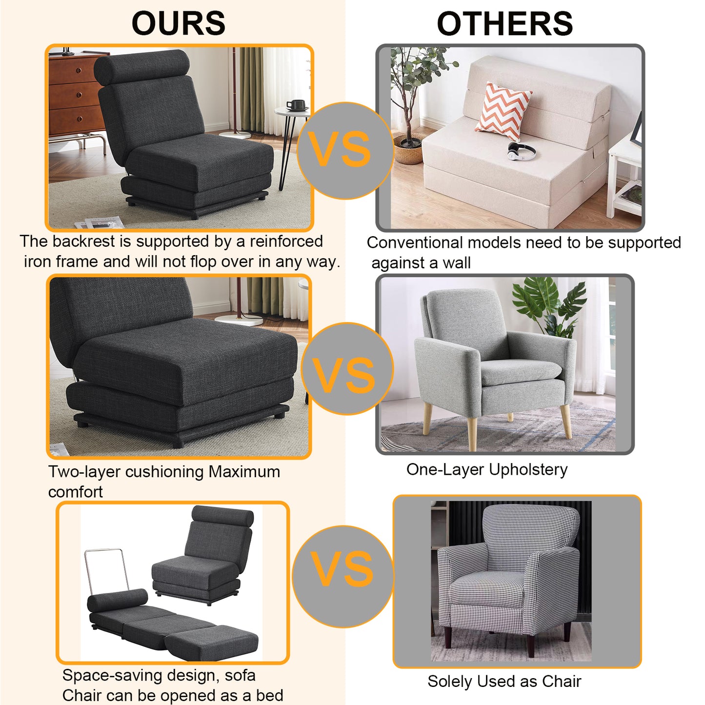 Single Sofa Chair Foldable Single Sofa Bed with Pillow,Portable Foldable Sofa Bed,Leisure Sofa Chair,Easy to Store,Made of Breathable and Wearable Linen,Dark Grey