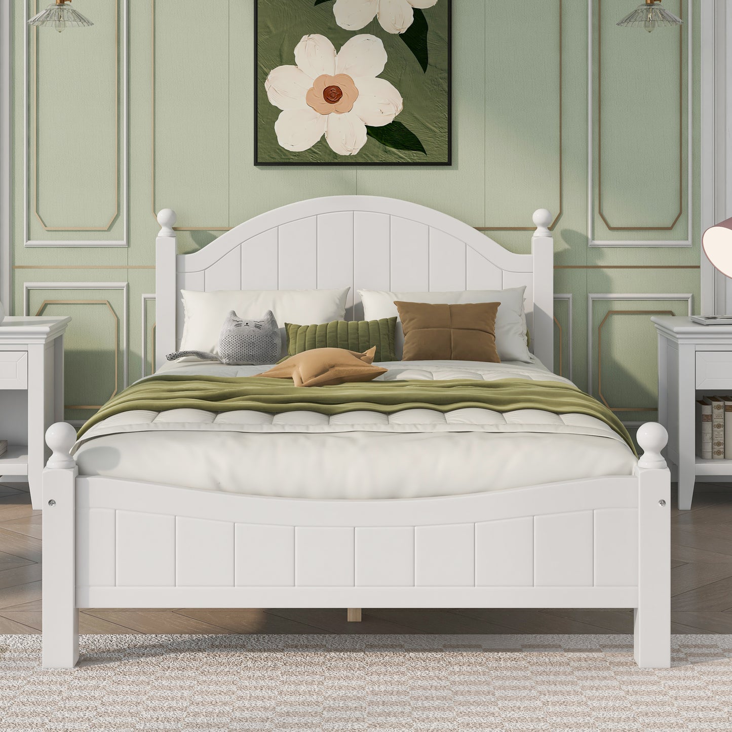 6 Pieces Traditional Concise Style White Bedroom Sets, Nightstand*2+ Chest+ Dresser+ Mirror+ Full Bed