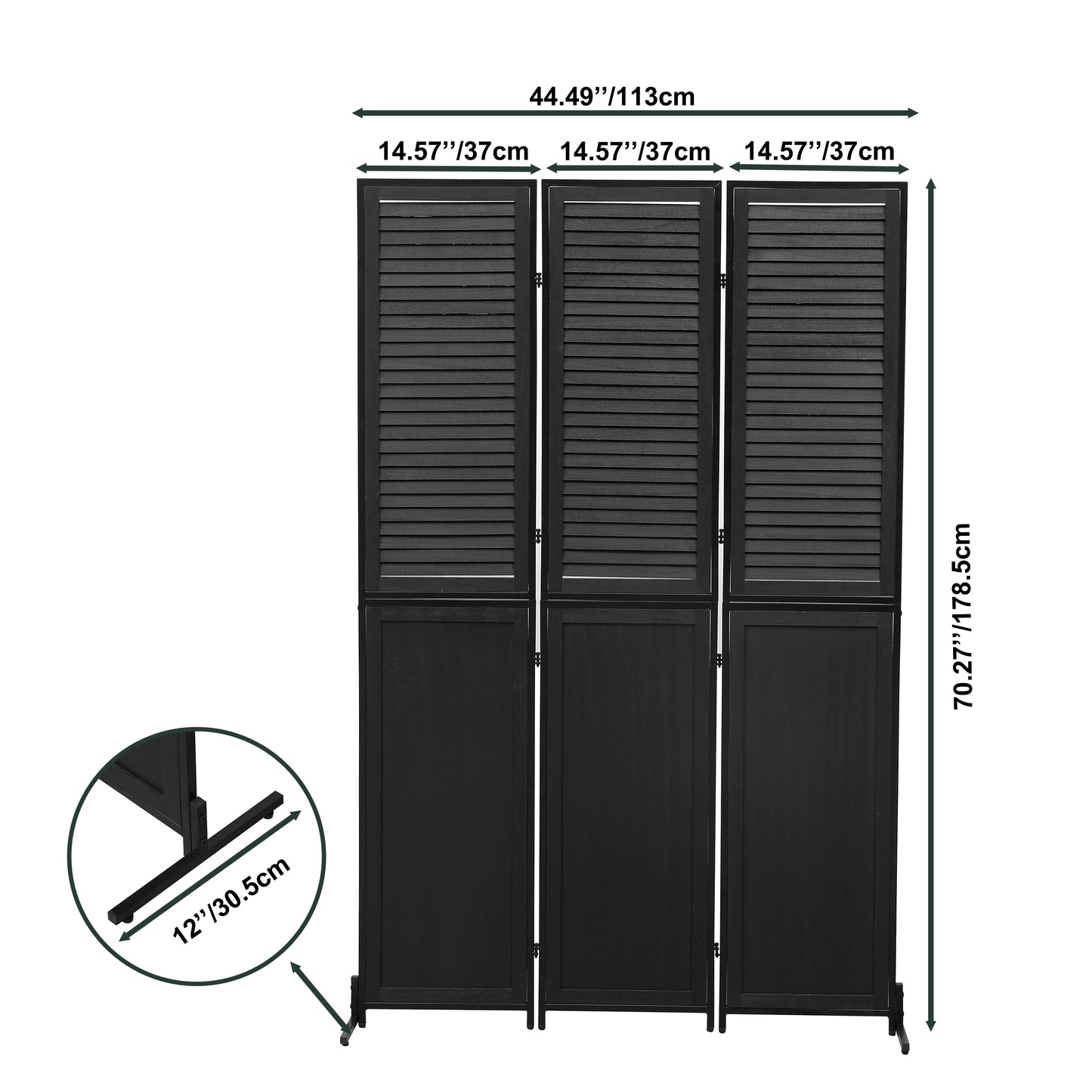 3 Panel Room Divider 6Ft Wood Folding Privacy Screen Black Room Separator Free Standing Wall Dividers (Black)