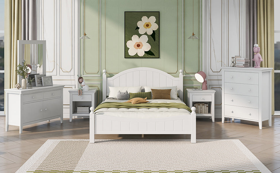 6 Pieces Traditional Concise Style White Bedroom Sets, Nightstand*2+ Chest+ Dresser+ Mirror+ King Bed
