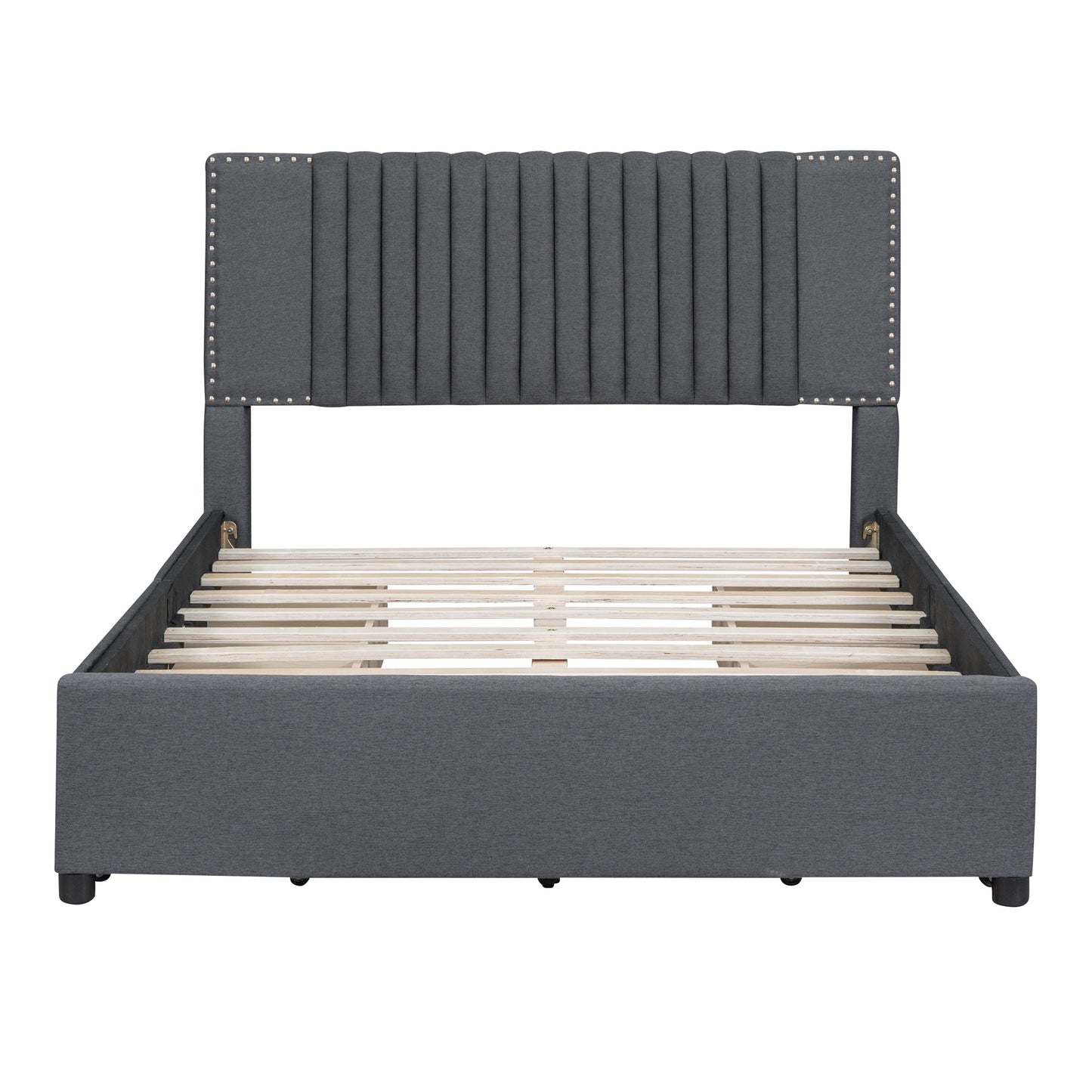 Full Size Upholstered Platform Bed with Classic Headboard and 4 Drawers, Linen Fabric, Gray
