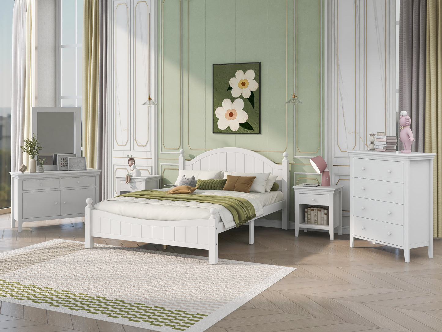 6 Pieces Traditional Concise Style White Bedroom Sets, Nightstand*2+ Chest+ Dresser+ Mirror+ Full Bed